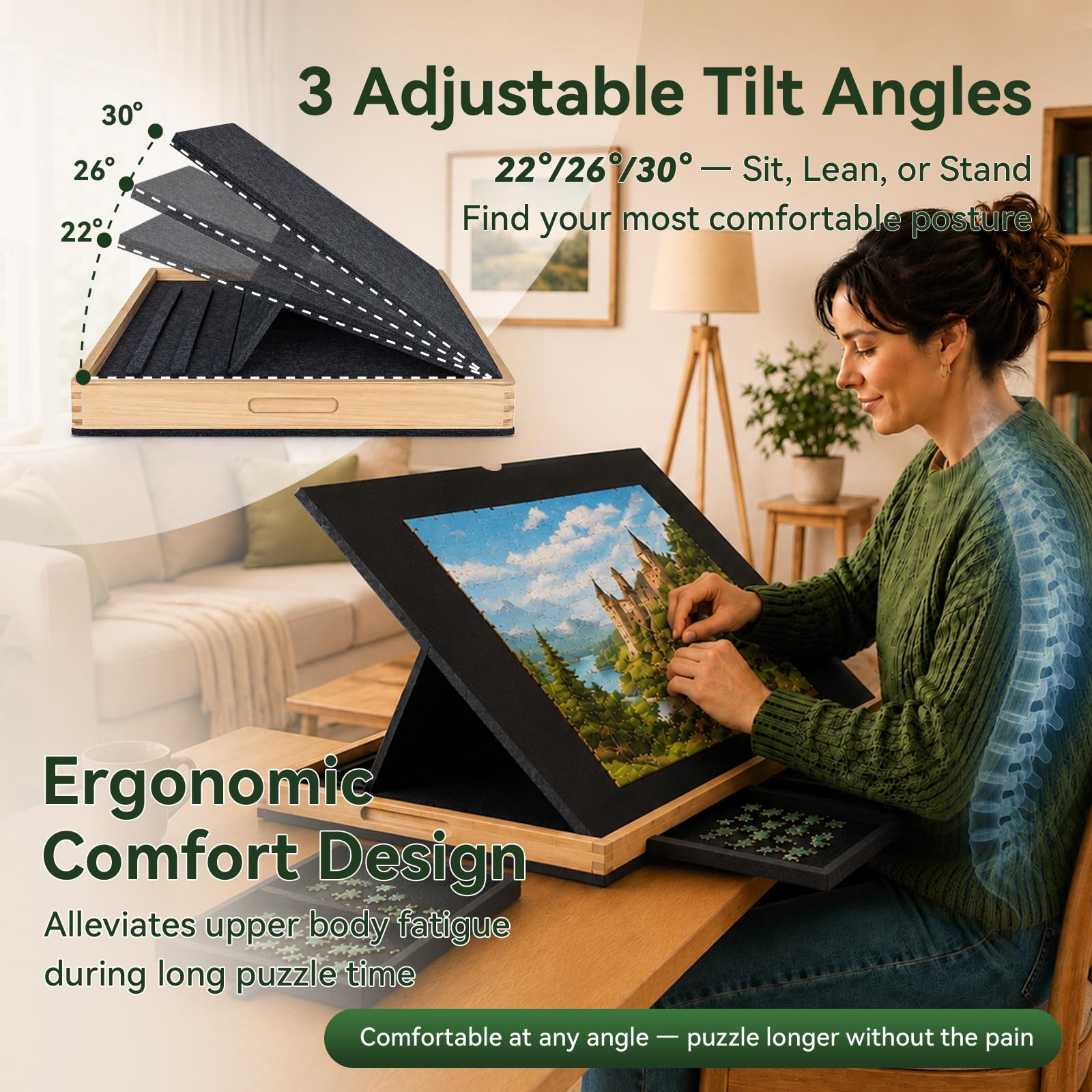 Mesa Inclinable para Puzzles de Fieltro 1000 Piezas con Cajones y Cubierta - Tablero Ligero de Fieltro con Soporte 2 en 1 y Asa de Transporte - Ideal para Adultos y Amantes de los Puzzles