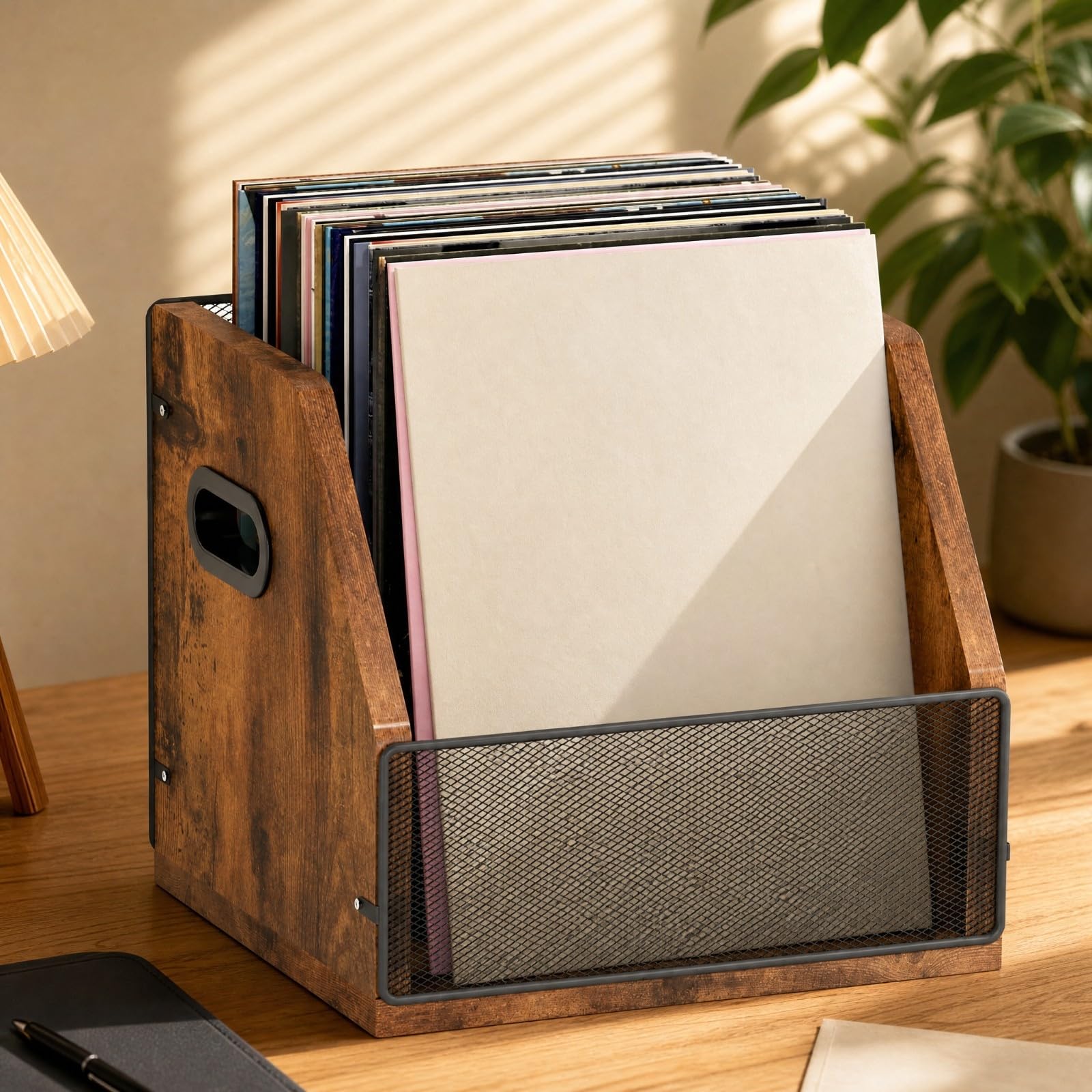 predolo Schallplatten- und CD-Aufbewahrungsbox aus platzsparend Aufbewahrungsbox mit Metall-Front praktisch Medienhalt für Wohnzimm