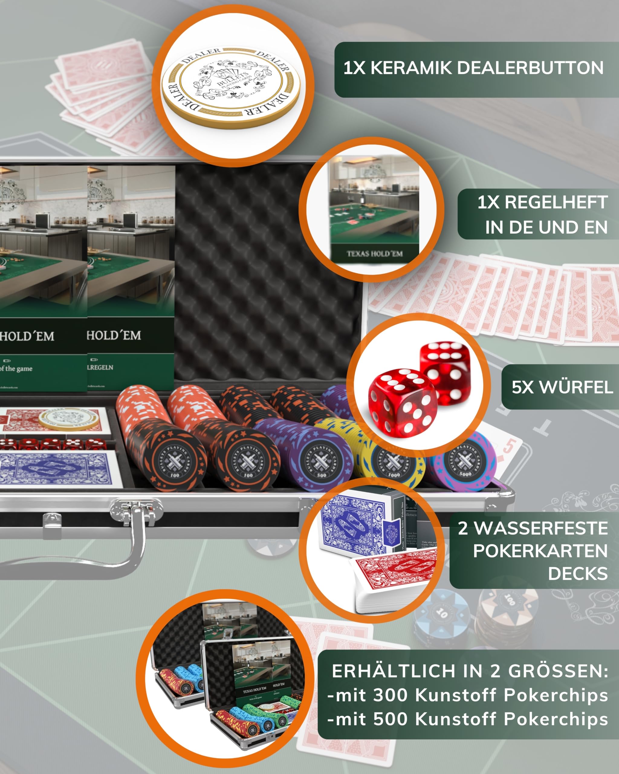 Bullets Playing Cards, Pokerset Janice, Pokerkoffer mit 500 Kunststoff Pokerchips mit Werten, inkl. Keramik Dealerbutton und Pokerkarten