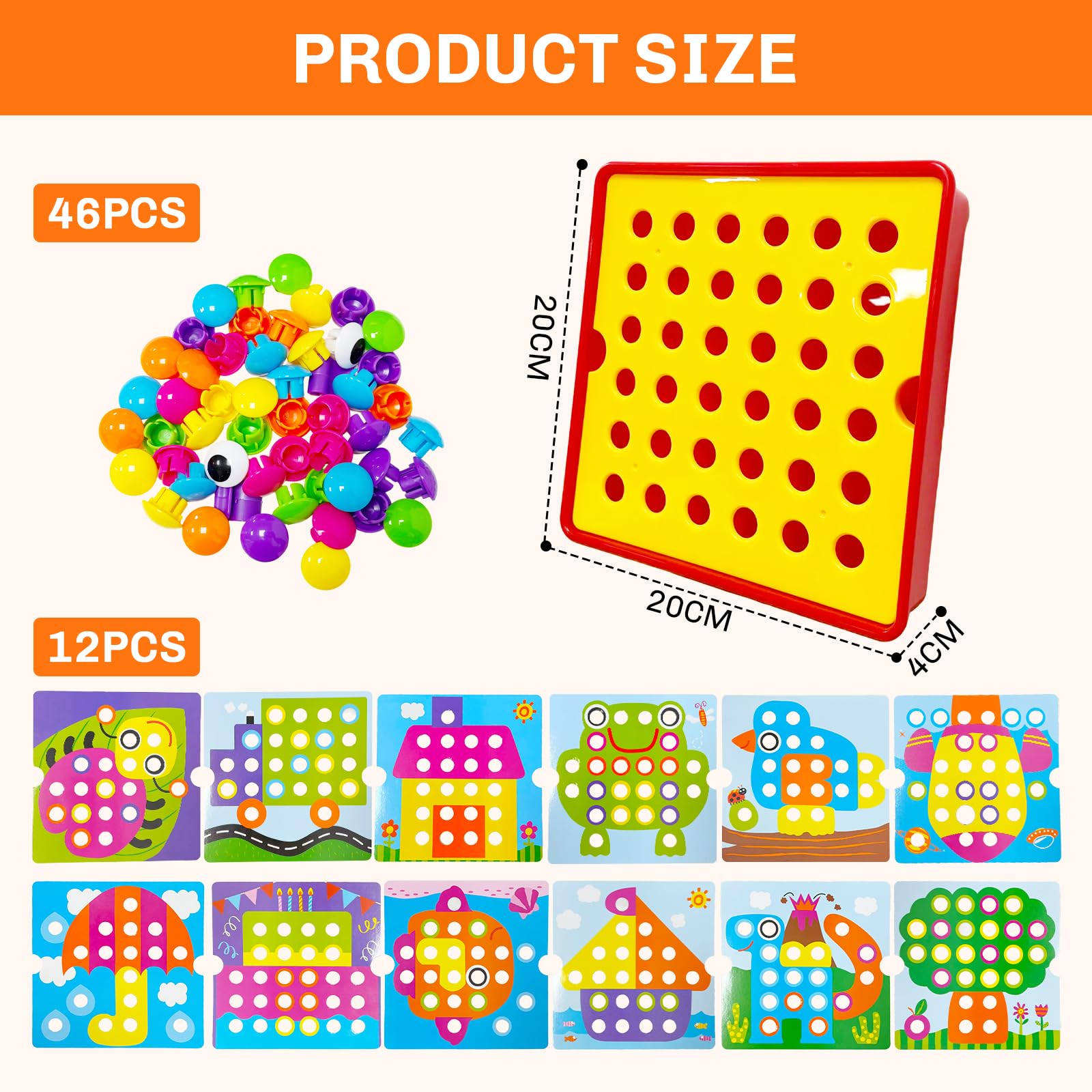 Euablfo Gioco Chiodini per Bambini,Incastro Mosaico con 46 Perle, Giochi Educativi Giocattoli, Giocattolo Educativo con 12 Modelli di Immagini Giochi da Viaggio, Regalo Bambini