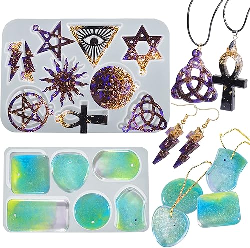 Voaesdk Moldes de joyería de resina, colgante de estilo geométrico punk, moldes epoxi de silicona con agujero para colgar para colgantes de resina,