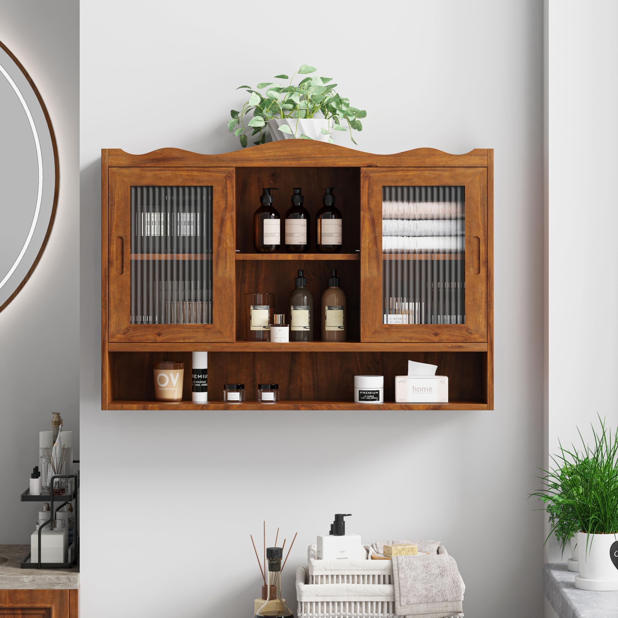 Vetrina sospesa da 90 cm, pensile da cucina, shabby chic, con 2 ante e tre ripiani, pensili da cucina, adatto per bagni, cucine e sala da pranzo (marrone)