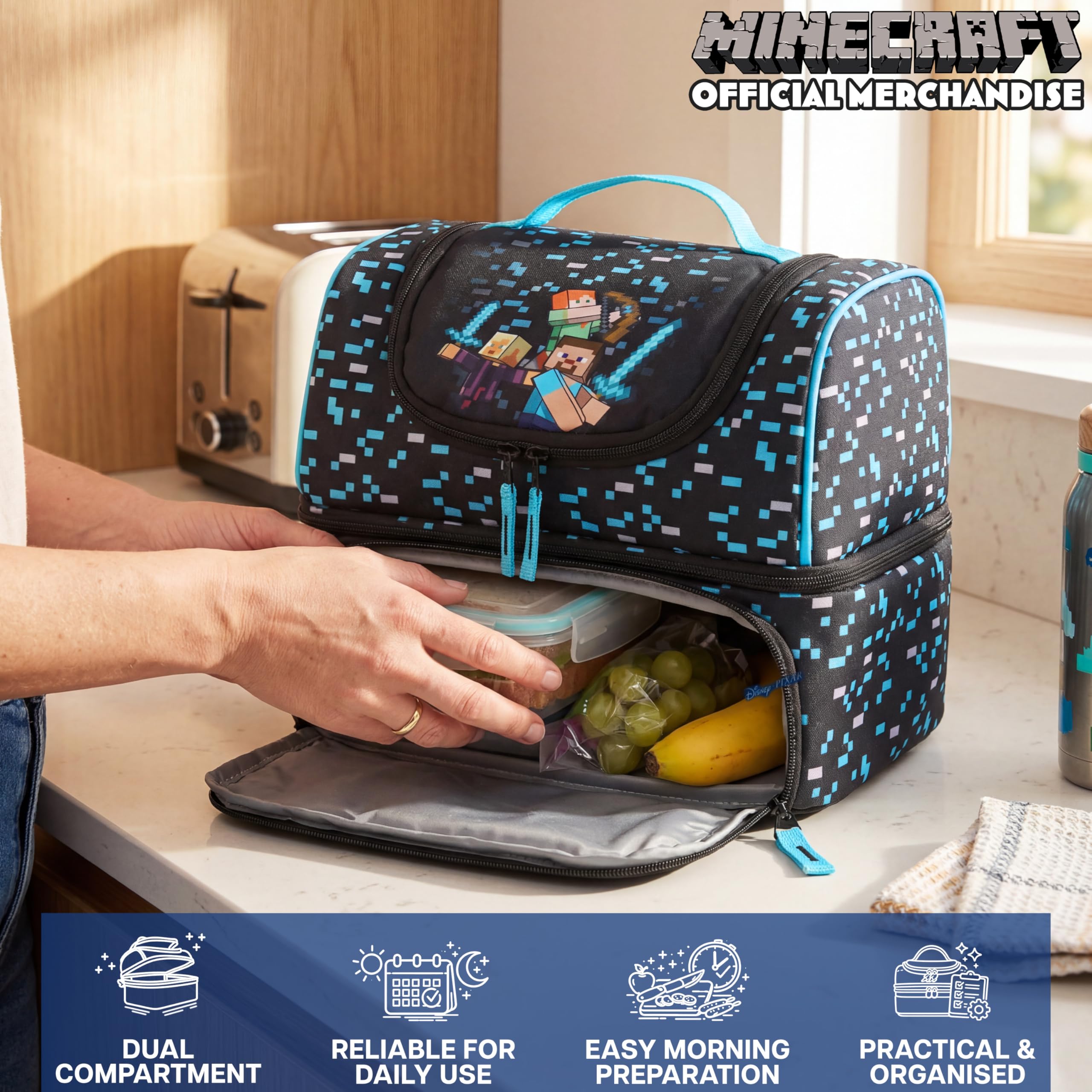 Get Trend Minecraft Borsa Termica Porta Pranzo Bambini con 2 Scomparti Isolati Doppia Zip, Borsa Pranzo con Fodera Argentata, Manico ed Etichetta ID per Scuola e Picnic, Idea Regali (Blu/Nero)