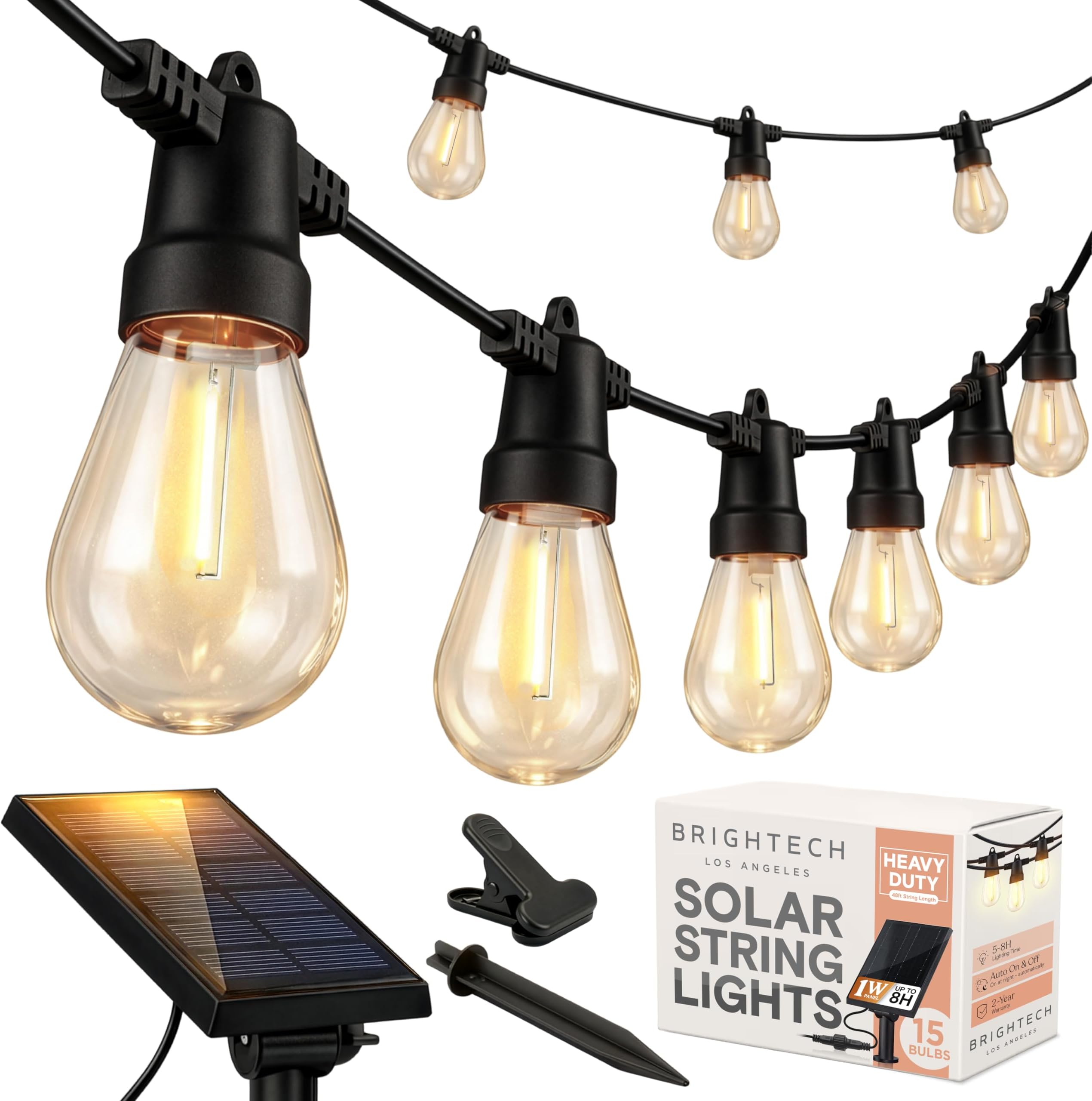 Brightech Ambience Pro Solar Powered Outdoor String Lights, 48 ft Commercial Grade Waterproof Patio Lights, 15 Edison Bulbs, Shatterproof LED String Lights for Outside, Porch - 1W Soft White