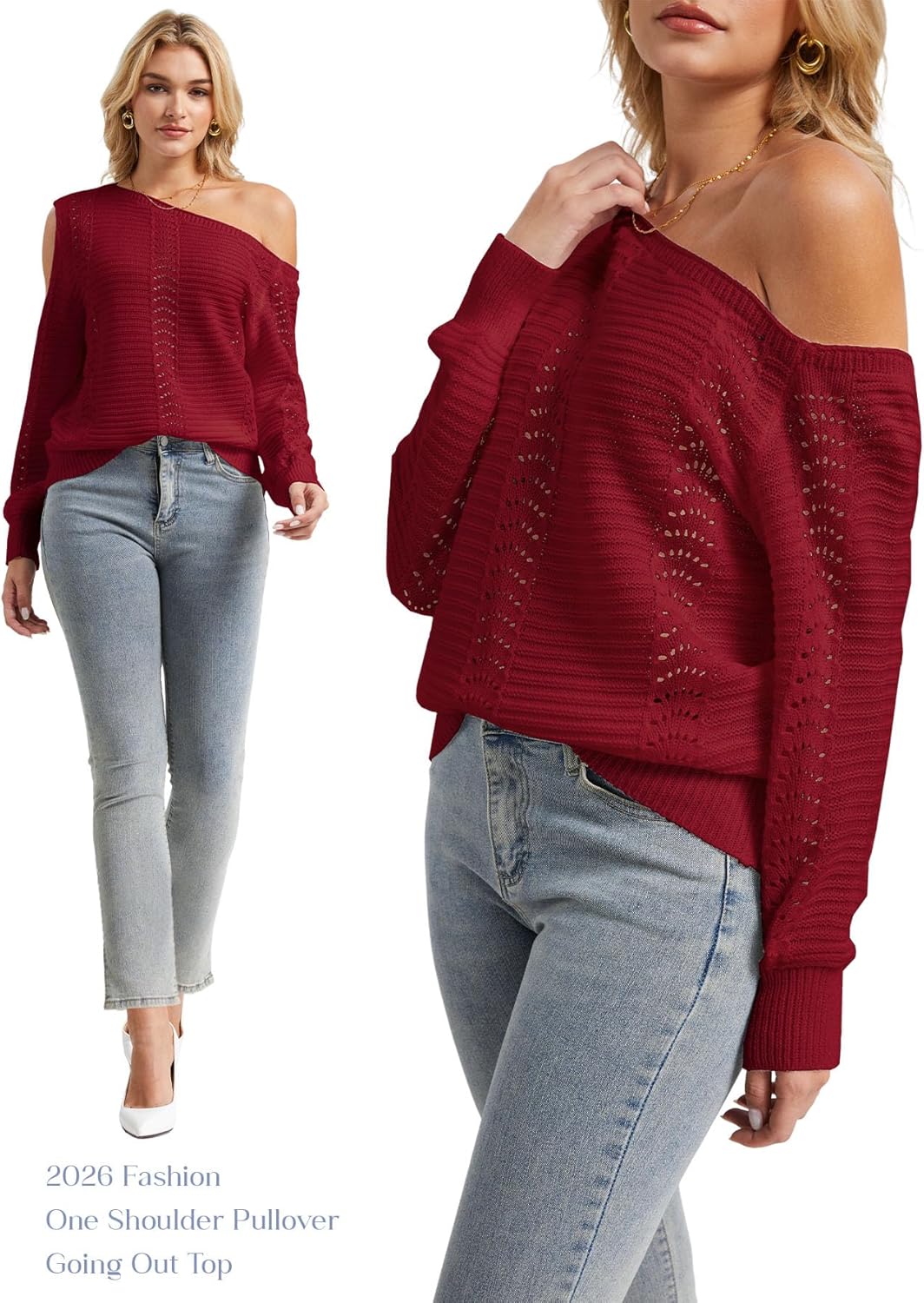 Womens Off The Shoulder Sweater Tops, Long Sleeve Crochet Pullover Sweater Dressy Casual Hollow Out Trendy Outfits - Image 2