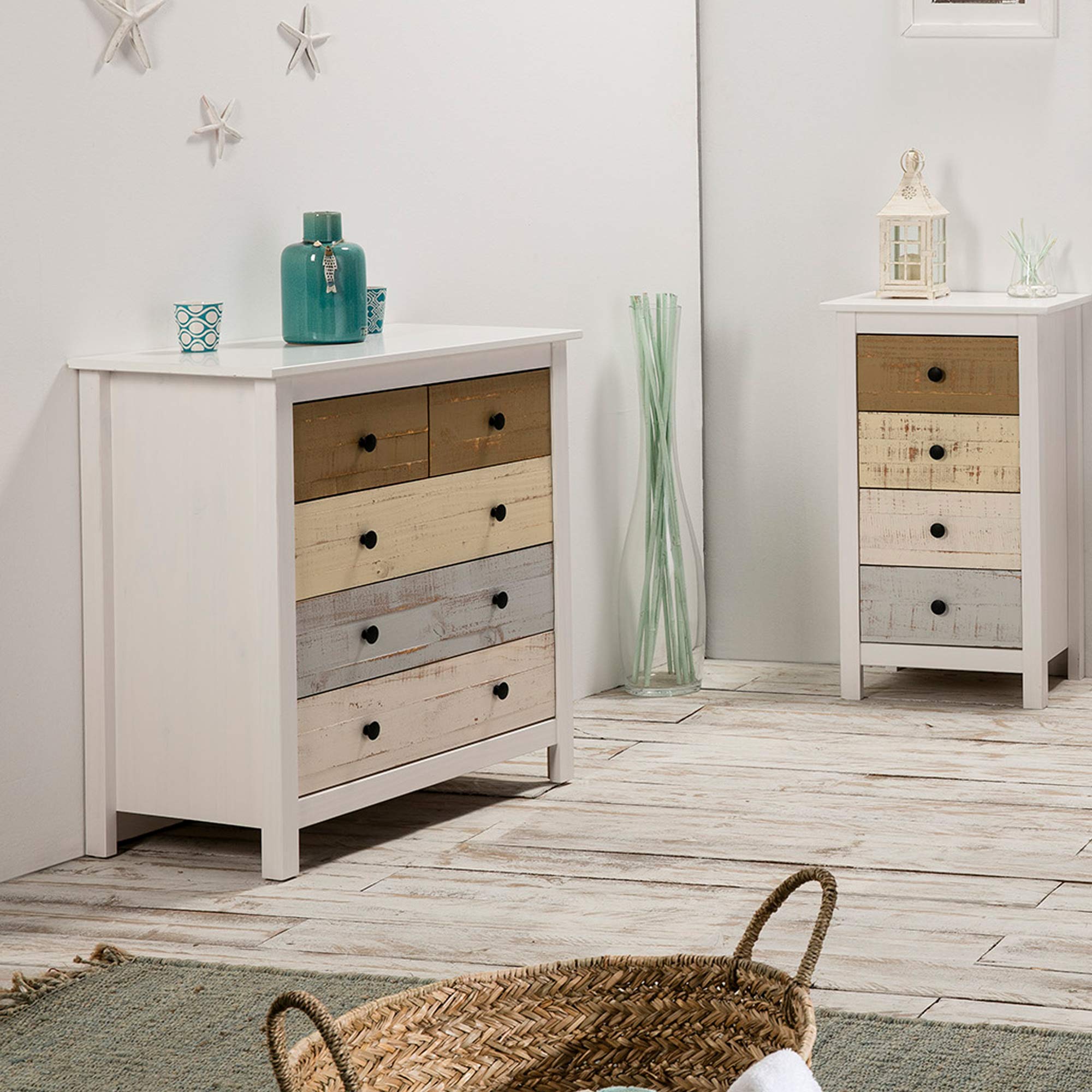 VS Venta-stock Cassettiera Magda Bianco con 5 cassetti di diversi colori, realizzato in pino massiccio