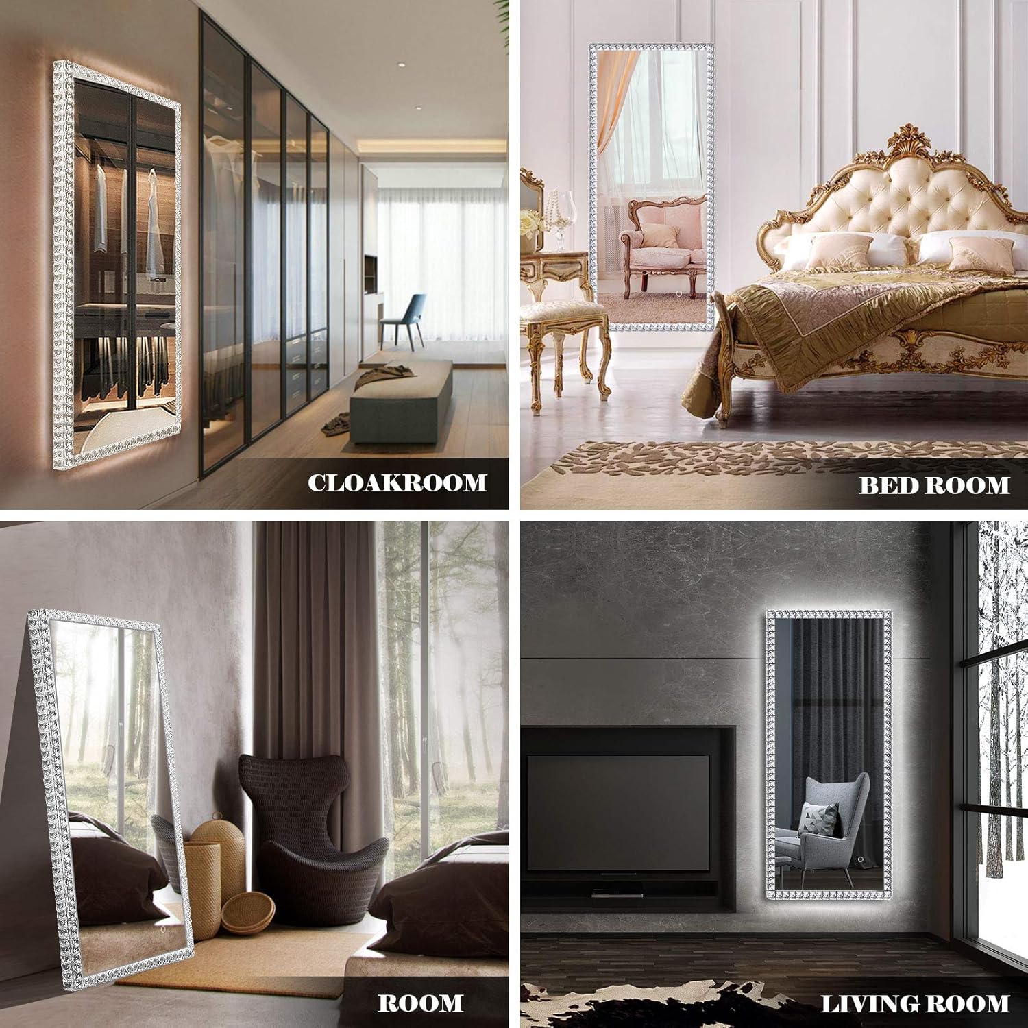 QiMH 55x24 Inch Wall Mounted Full Length LED Lighted Vanity Mirror with Crystal Faceted Diamond Frame, 3 Colors Adjustable and Dimmable, Bedroom and Bathroom Hanging Rectangle Whole Body Mirror : Home & Kitchen