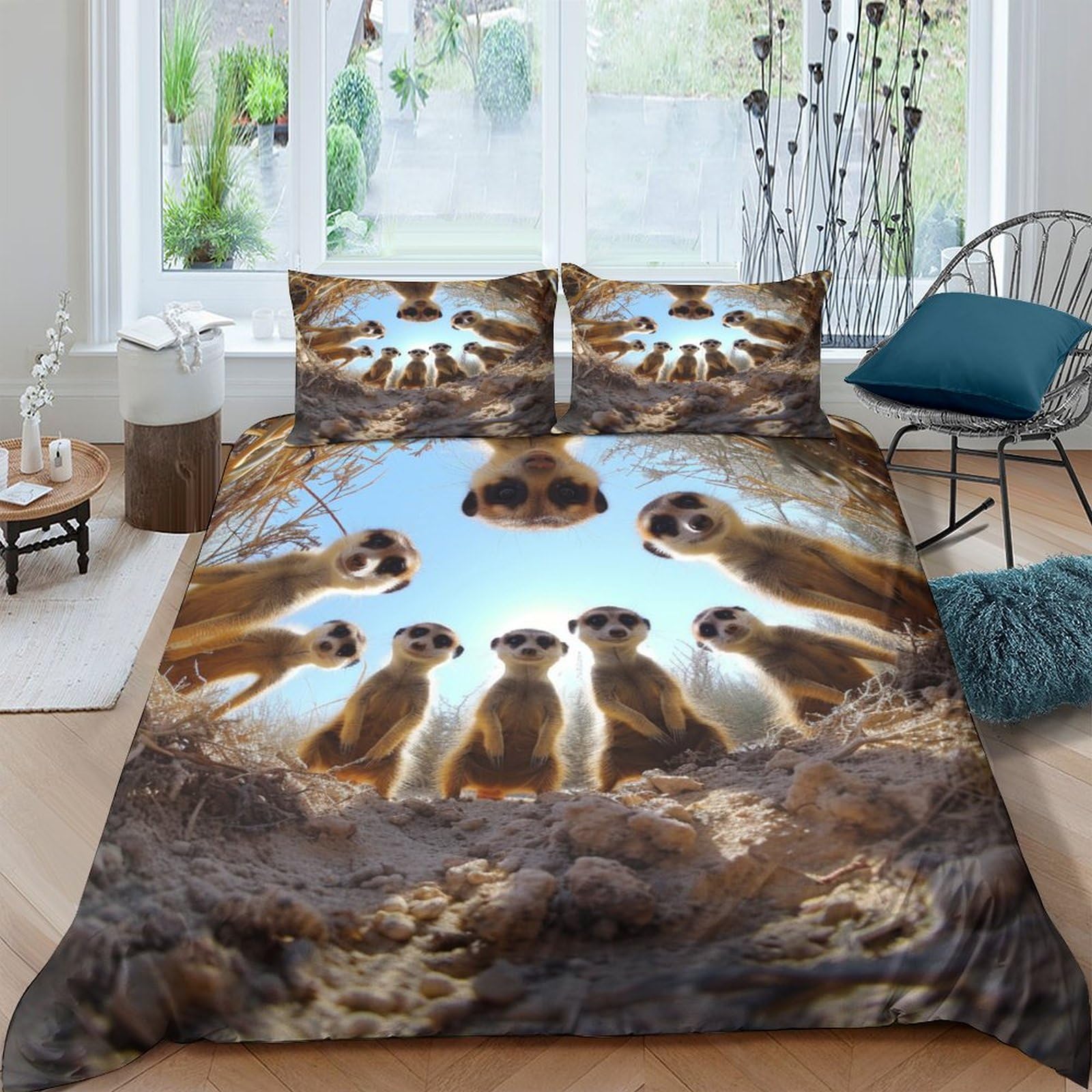 BARDYS Meerkat for Teens And Adults Comforter Covers 3D Print 3D Vision Duvet Cover Quilt Cover with Pillow Cases Soft Microfiber with Zipper Closure Bedding Set 3 Pieces Double（200x200cm）