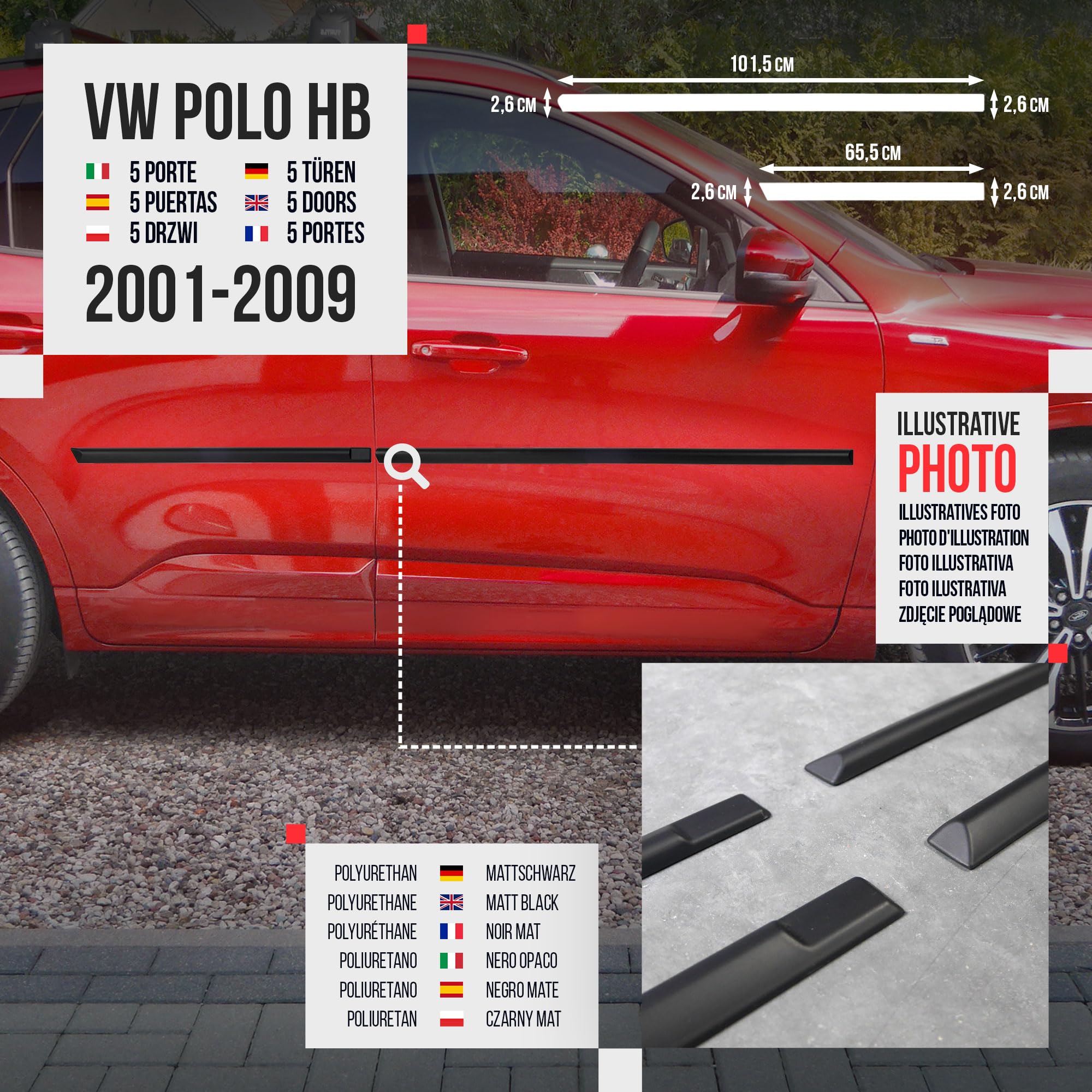 CHROMEMASTER | Listwy boczne drzwi | Kompatybilne z VW Polo 5 Drzwi Hatchback 2001-2009 | Poliuretan, Kolor Czarny | Listwy Boczne Zabezpieczają Drzwi Samochodu Przed Uszkodzeniem