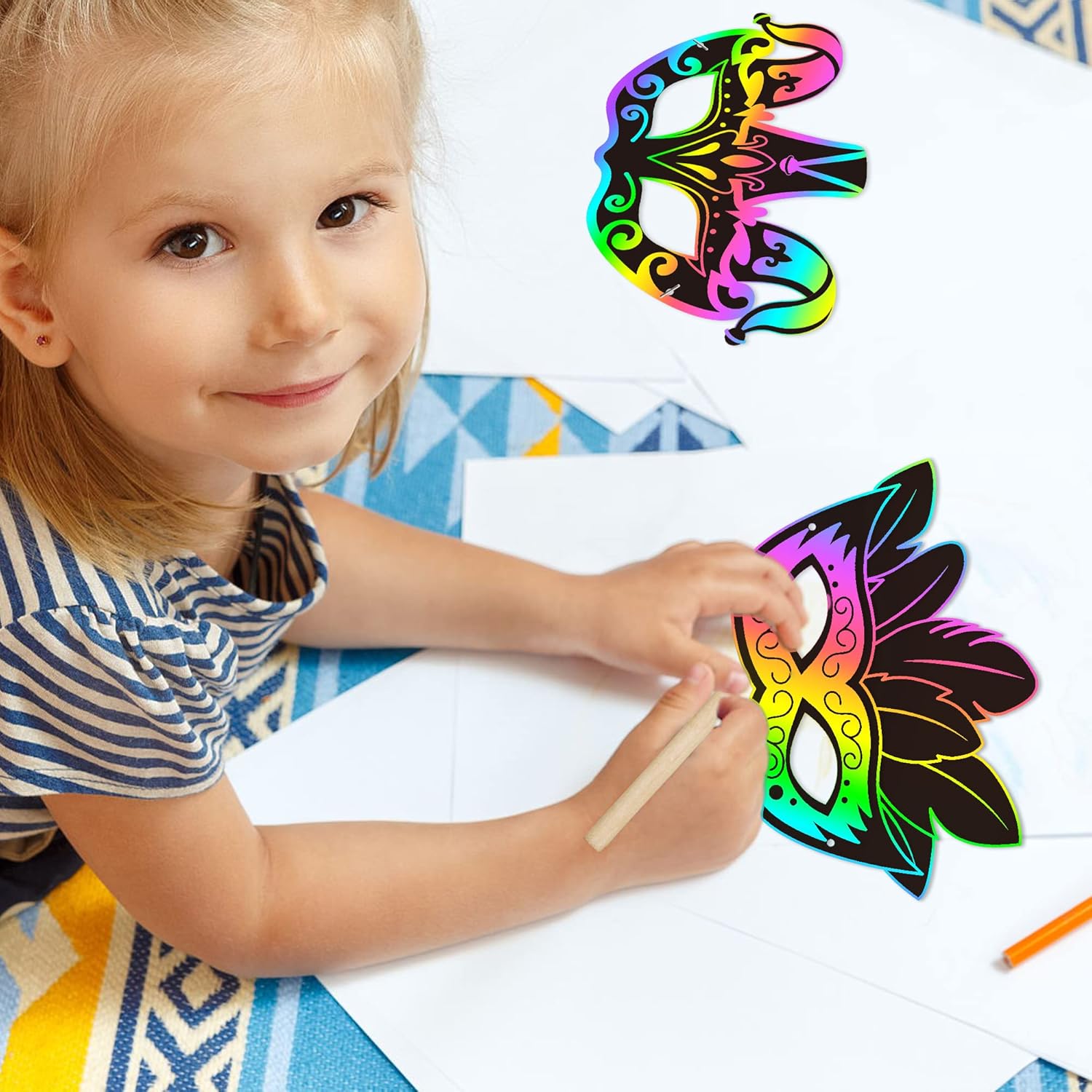 WATINC 24pcs Mardi Gras Scratch Masks for Kids, Carnival Prom Art Craft Kit, Masquerade Party DIY Magic Color Paper Mask, Costumes Dress Up Scratch Off Cards Supplies - Image 6