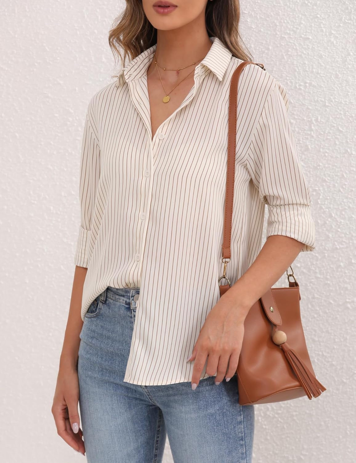 YAMANMAN Womens Button Down Shirt Long Sleeve Classic Collared Tops Work Office Casual Chiffon Blouse - Image 4