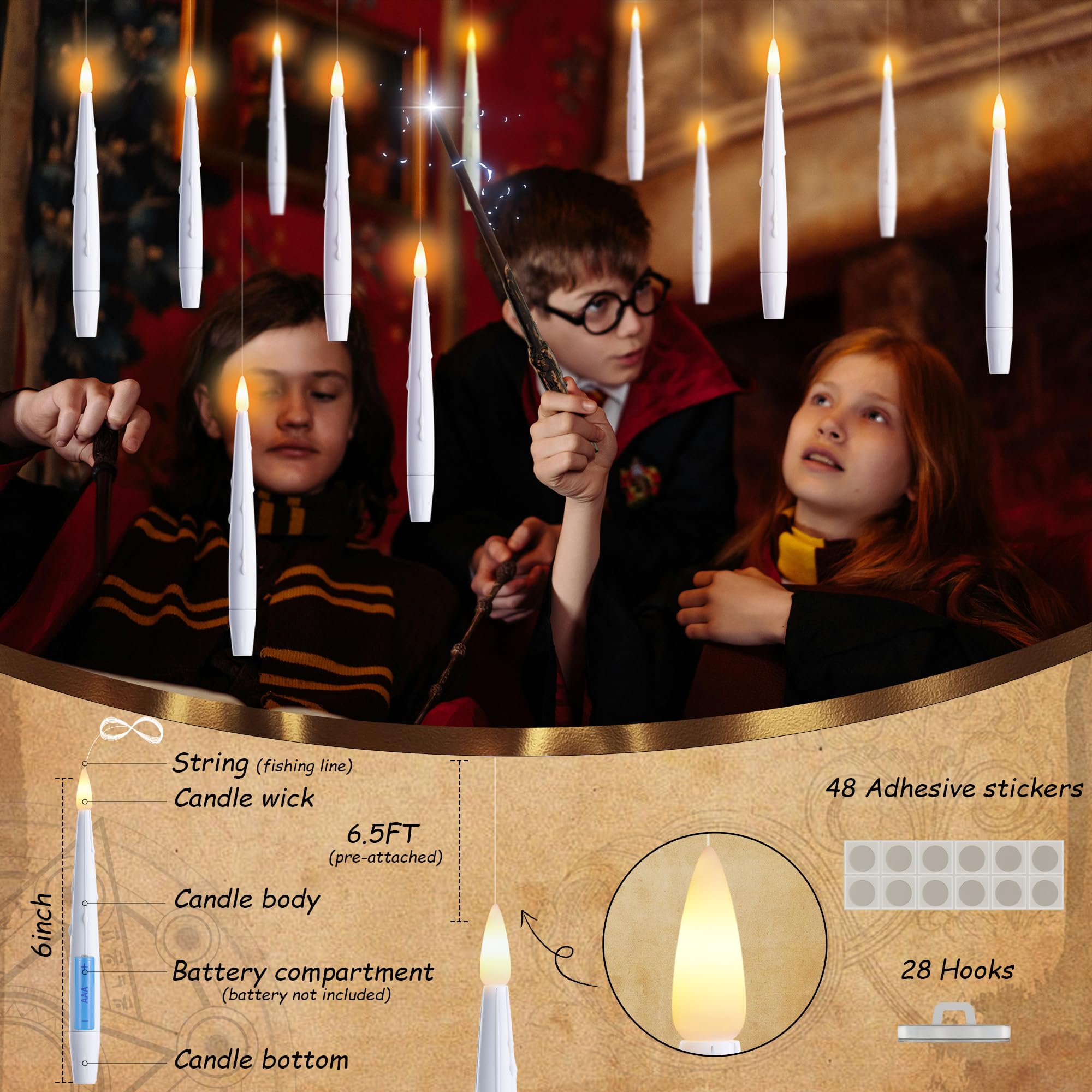 AFINETH Floating Candles with Wand, Magic Hanging Candles 20 Pack, Flickering Flameless Floating LED Candles, White Battery Operated Window Taper Candles for Halloween Christmas Birthday Party Decor