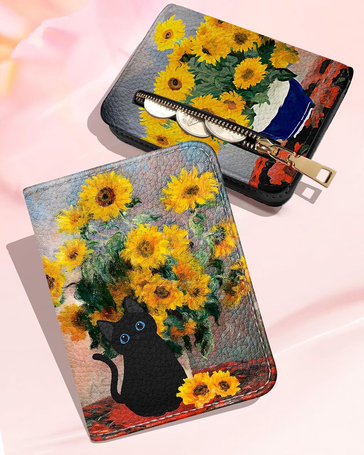 Bistup Leather 12 Slot Accordion Card Holder Wallet, Cat Sunflower image 4
