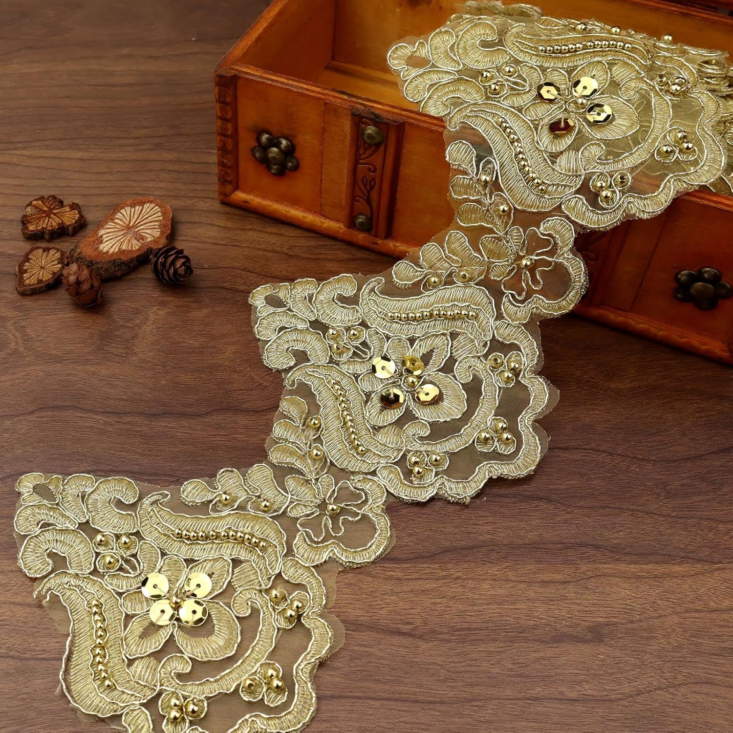 IDONGCAI 5 Inch Wide Gold Beaded Sequin Lace Trim, 3 Yards Vintage Embroidered Floral Ribbon, Luxury Metallic Tulle Trimming for Wedding Bridal Dress, DIY Crafts, Home Decor, Costume Embellishment
