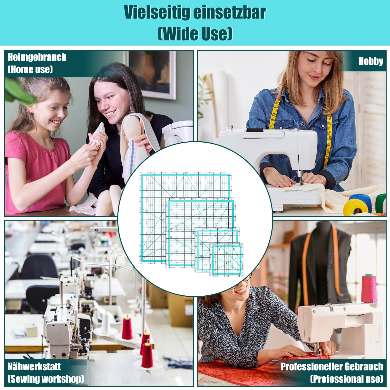4 righelli patchwork da 31,75 cm, 24,13 cm, 15,24 cm, 11,43 cm, righello per cucitura quadrato, con scala e indicatore angolare, 30/45/60 gradi, righello da taglio trasparente per cucire