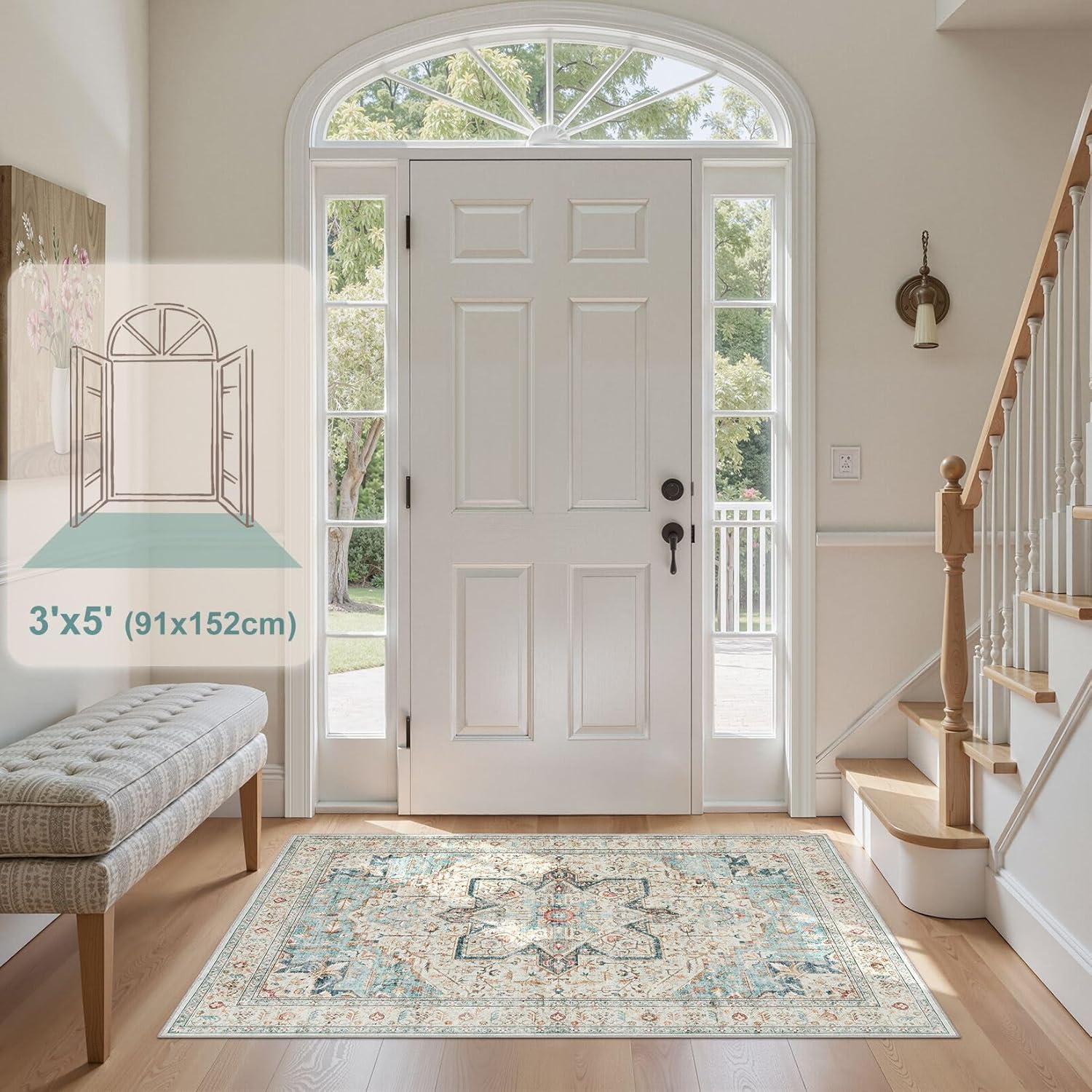 Tortania Area Rug Living Room Rugs - 3x5 Washable Rug Vintage Oriental Distressed Farmhouse Small Thin Indoor Carpet for Living Room Bedroom Under Dining Table Home Office - Aqua Multi