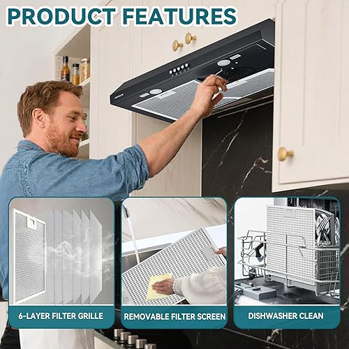 Miniatura 5 de Campana extractora de 30 pulgadas para debajo del gabinete, convertible sin conductos, 550CFM, 3 velocidades, con control táctil, 2 luces LED,