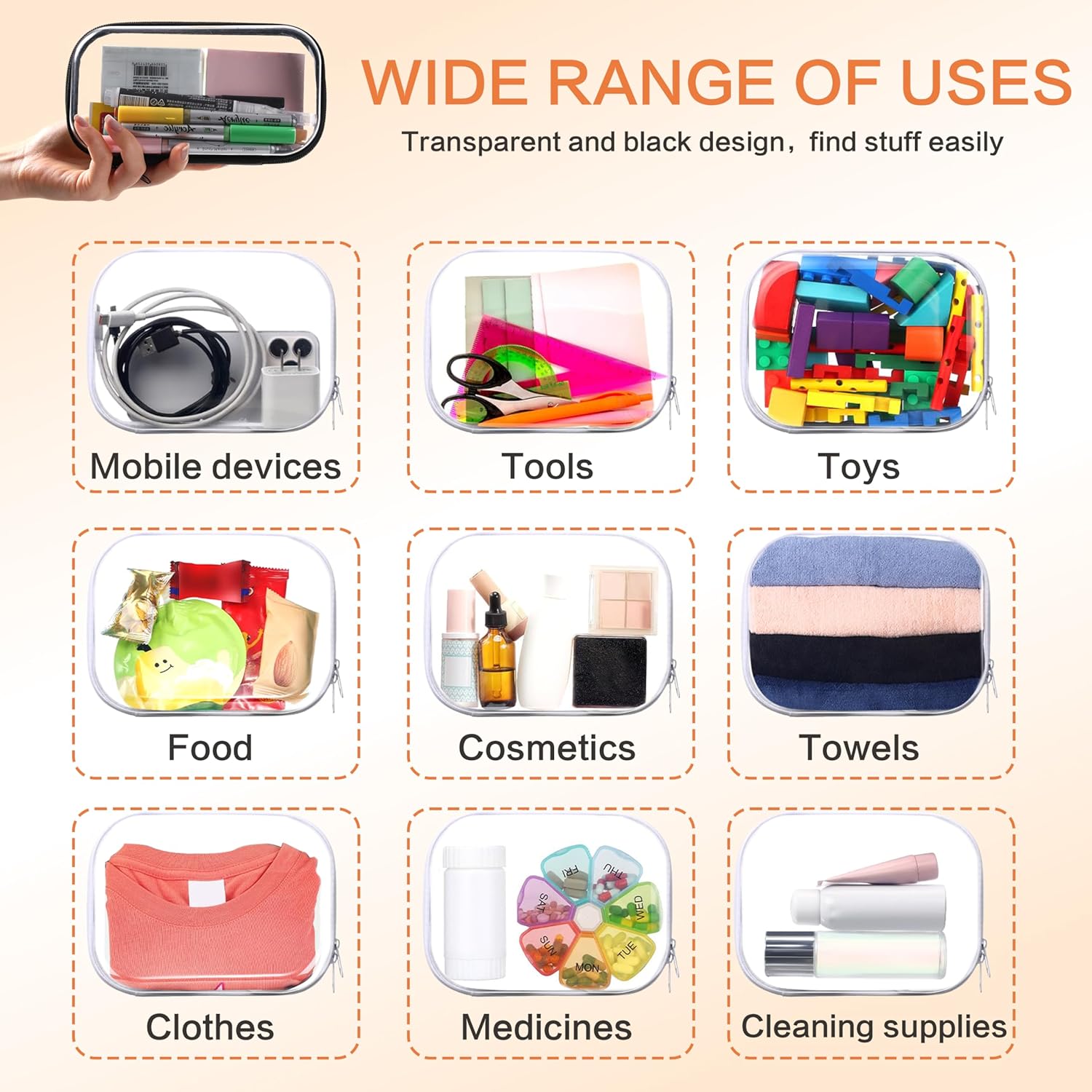 8PCS Extra Large 14.2" Clear Hard Shell Zipper Case : Clear Zipper Pouches Waterproof Lightweight Plastic Organizer Makeup Bag Organizer Hard Toy Storage Travel Pouches (4S+2M+2L)