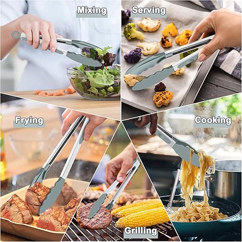 Miniatura 7 de TeamFar Pinzas de cocina, pinzas de cocina de acero inoxidable de 9 y 12 pulgadas con puntas de silicona para cocinar a la parrilla y hacer