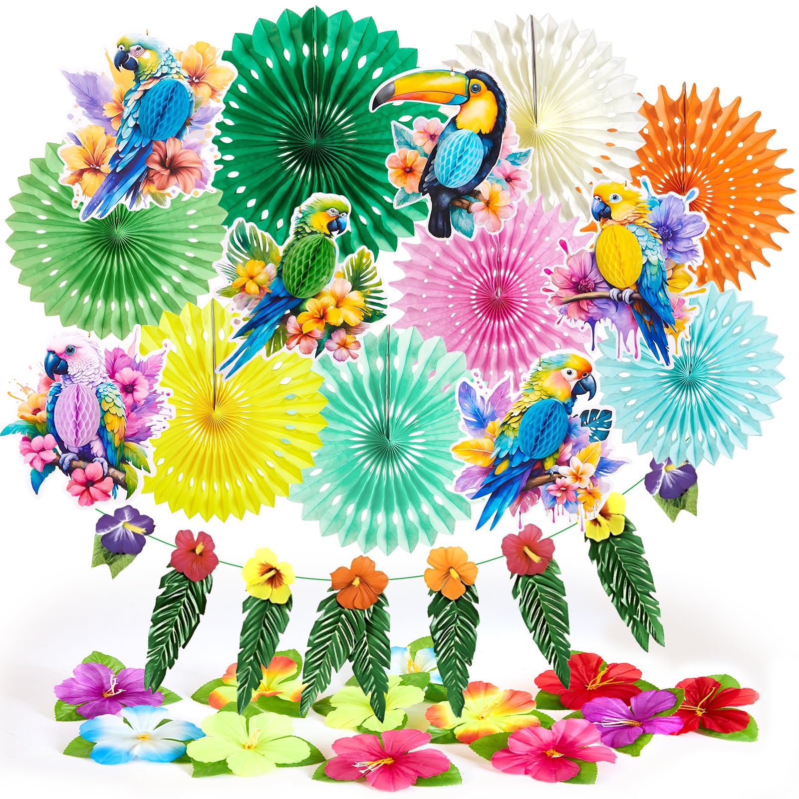 Decoraciones de fiesta tropical, decoración de fiesta hawaiana, con loros de papel, panales de abejas y pancarta de flores de hibisco, pompones de papel de seda para decoración de verano