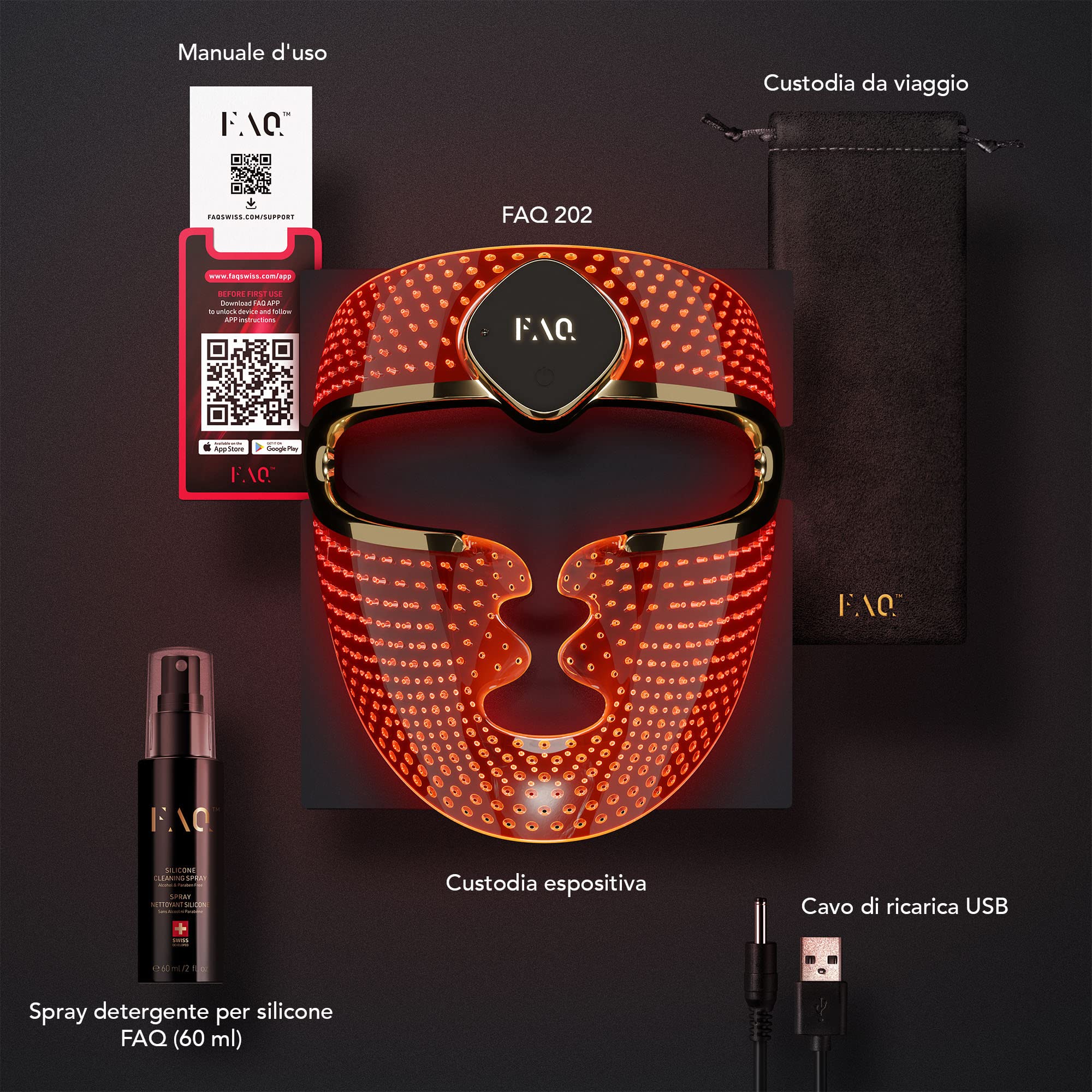 FAQ 202, maschera viso smart con fototerapia NIR+7 LED | Maschera viso antirughe per acne e macchie scure | Cura della pelle anti-età | Dispositivo indossabile senza fili | 600 punti luminosi