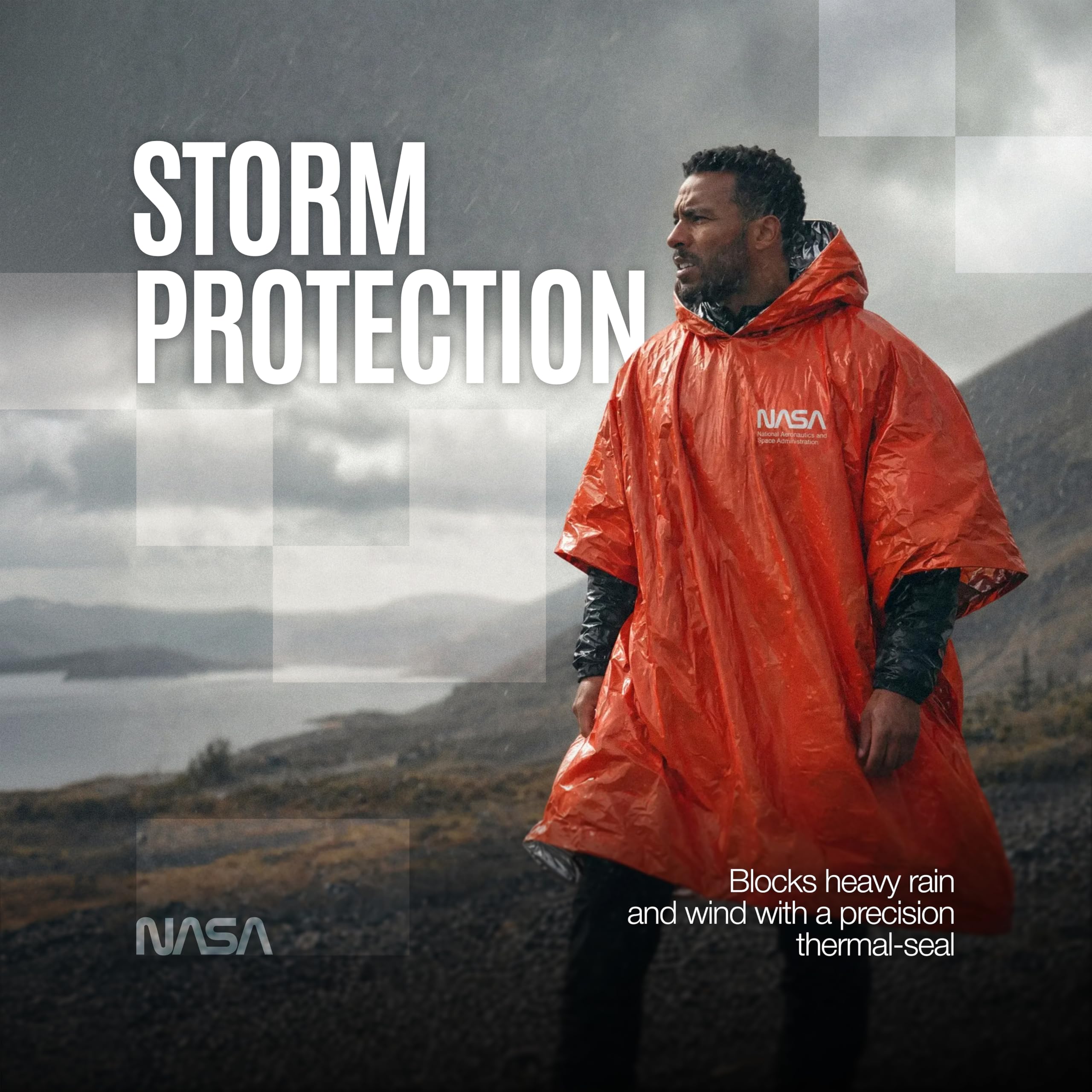 NASA Ponchos de Emergencia (Pack de 4), Mylar Antidesgarro, 92% Retención Térmica, Naranja de Alta Visibilidad