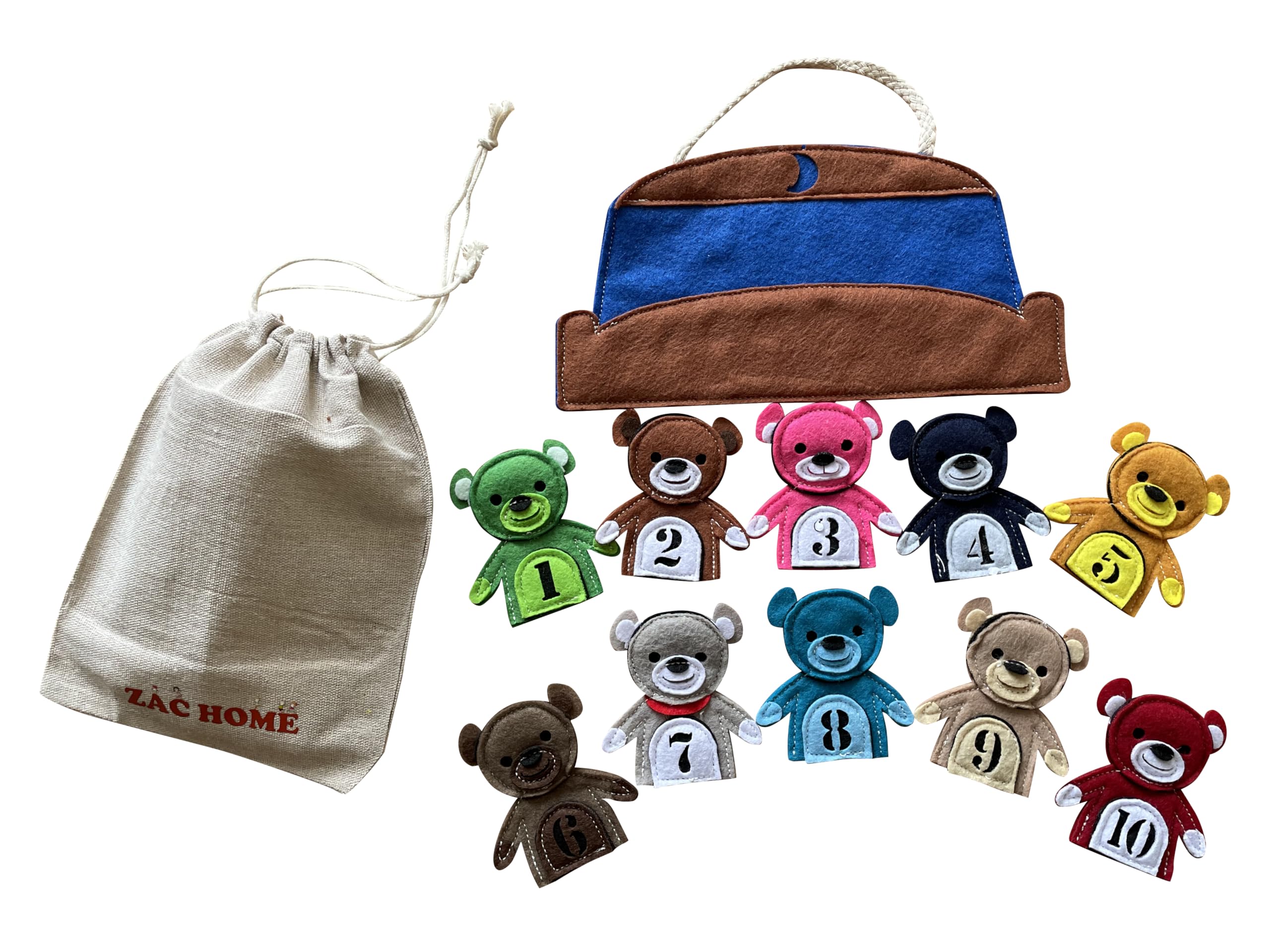 10 in the Bed Finger Puppet Set  Colorful Bear Finger Puppets with Numbers with a Bed Storage Bag Fun Nursery Rhyme Toy for Kids, Early Learning, Storytelling & Imaginative Play"