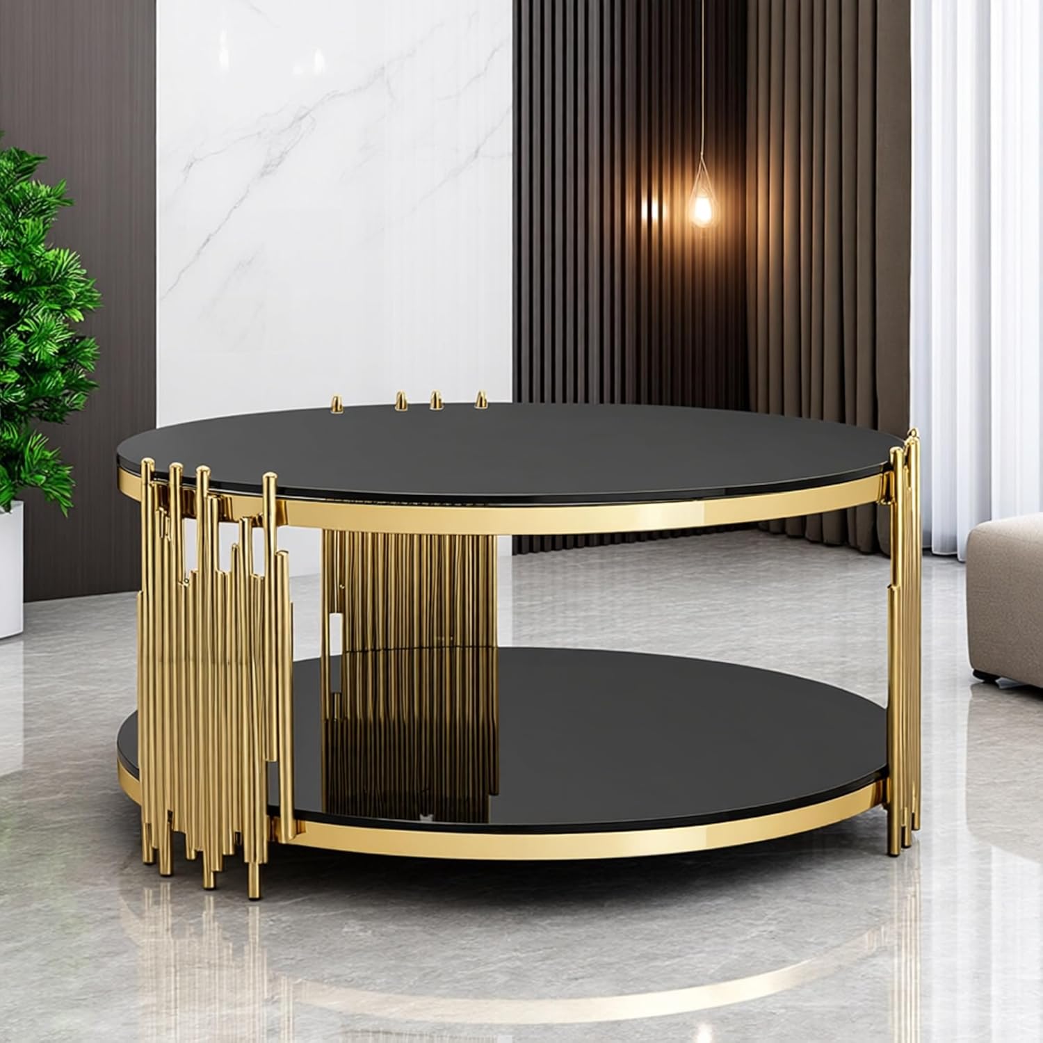 Luxury Round Coffee Table for Living Room,Gold Frame & Black Tempered Glass Top, 2-Tier Black Glass Shelves, 31.5'' Modern Stainless Steel Accent Table
