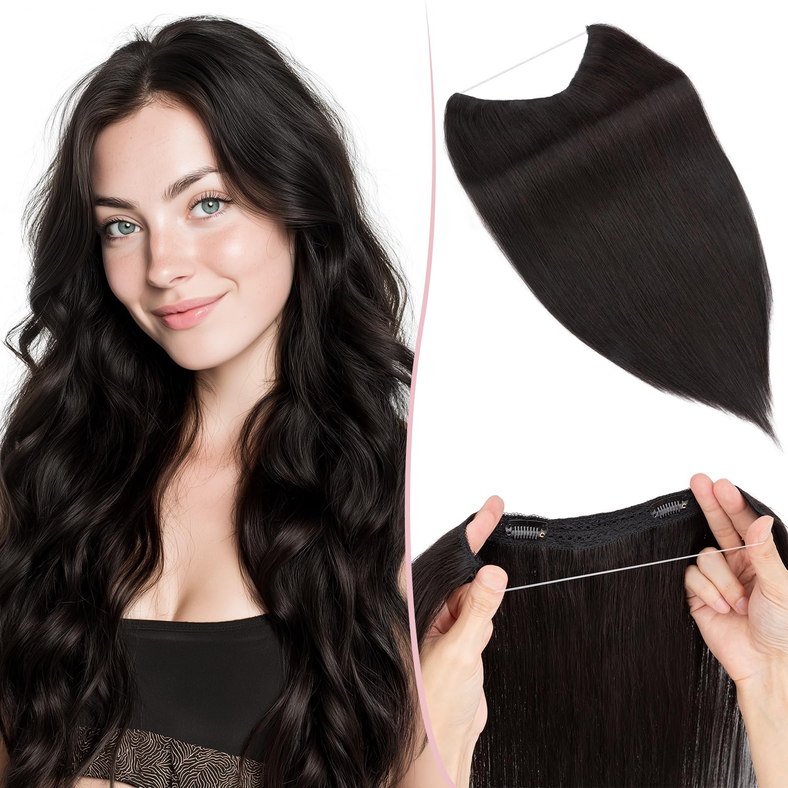 Secret Hair Extensions Echthaar Haarverlängerung mit Draht Haarteile 1 Tresse Invisible Wire adjustable für Damen 50 cm - 70g Naturschwarz #1B