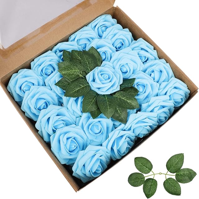 Aoleytech Artificial Flower Roses, 50 Real Touch Fake Foam Roses, Wedding Decorations, Bridal Bouquet, Valentine's Day, Mother's Day, Baby Shower (Blue)