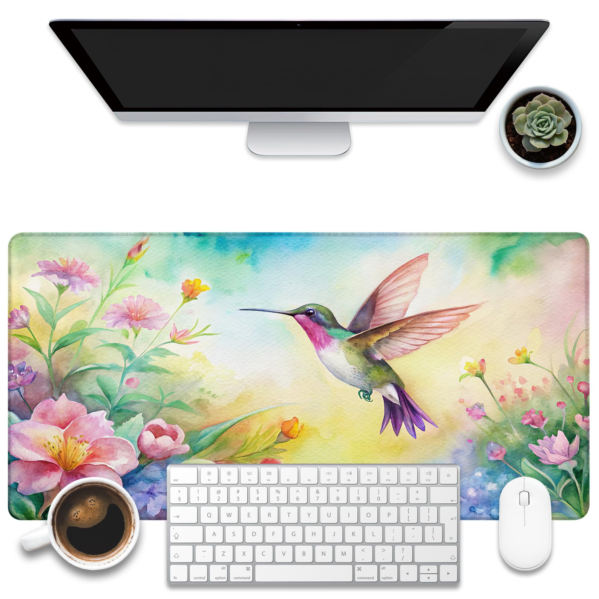 KOAIWPAE Large Gaming Mouse Pad for Desk, Watercolor Flying Hummingbird Desk Mat, Beautiful Garden Desk Pad, 31.5"x15.7" Extended Big Computer