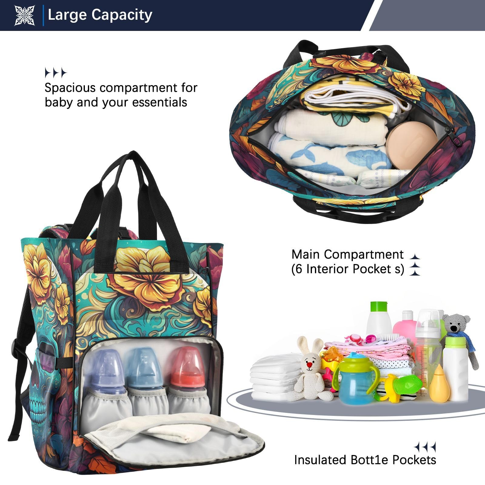 Exuberantes Flores Coloridas Mochilas de Pañales para Gran Capacidad Pañal Bolso Mochila para Viajar al Aire Libre Mamá y Papá