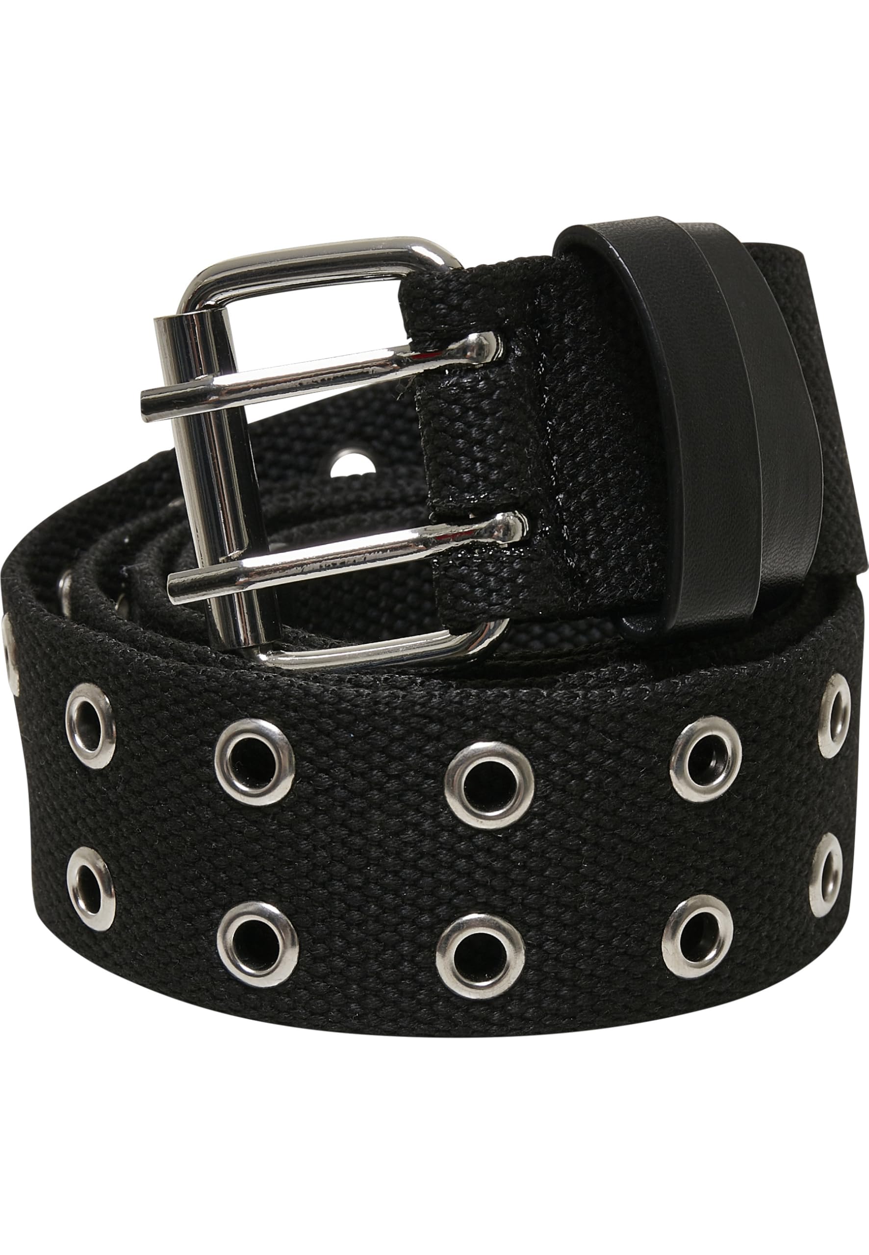 Urban Classics Polyester Eyelet Belt Plain Weave Belt with Double Buckle Available in Two Colours Sizes S-XL, black/silver, Small - Medium