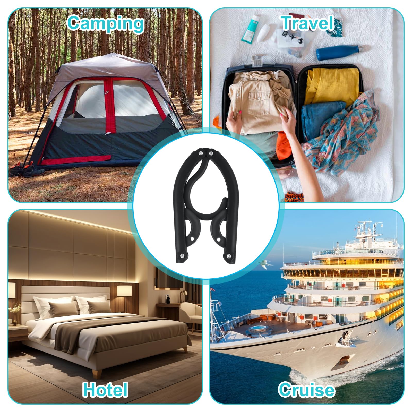 50 Stück Reise-Kleiderbügel aus Kunststoff, tragbar, faltbar, Reiseutensilien, faltbare Kleiderbügel für Kreuzfahrtschiff-Essentials, Koffer, Wohnmobil, Camping, Hotel – Schwarz