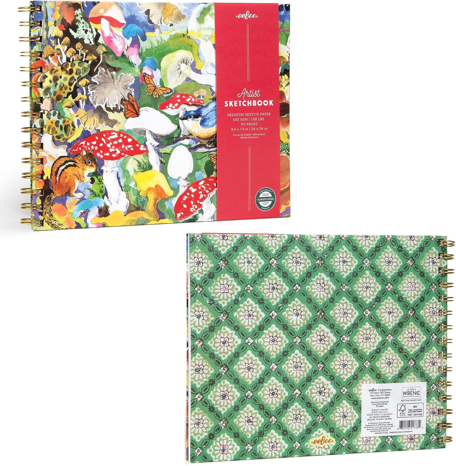 eeBoo Piece & Love: Artist Sketchbook - Mushrooms - 80 Pages, 9.5x7.5 Hardcover Spiral Book, 160 GSM, 108 LBS Drawing Paper, Mushrooms Cover