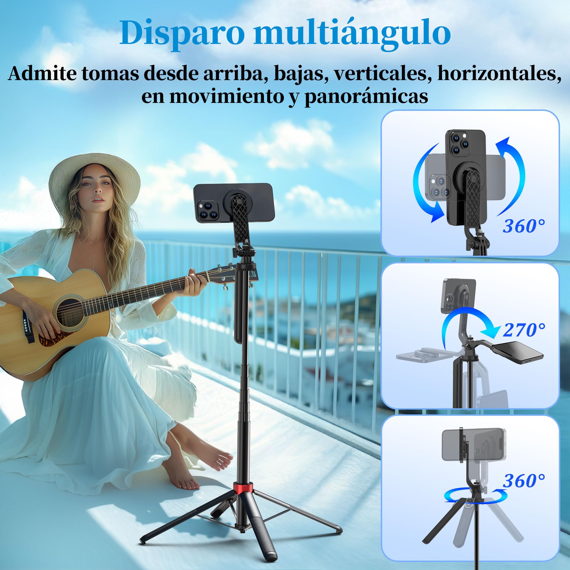 PlusAcc 176 cm Trípode magnético para MagSafe Selfie, Soporte de Aluminio Estable y Soporte de Viaje Giratorio 360°, Compatible con iPhone/Smartphones para Selfies, grabación de vídeo en Directo