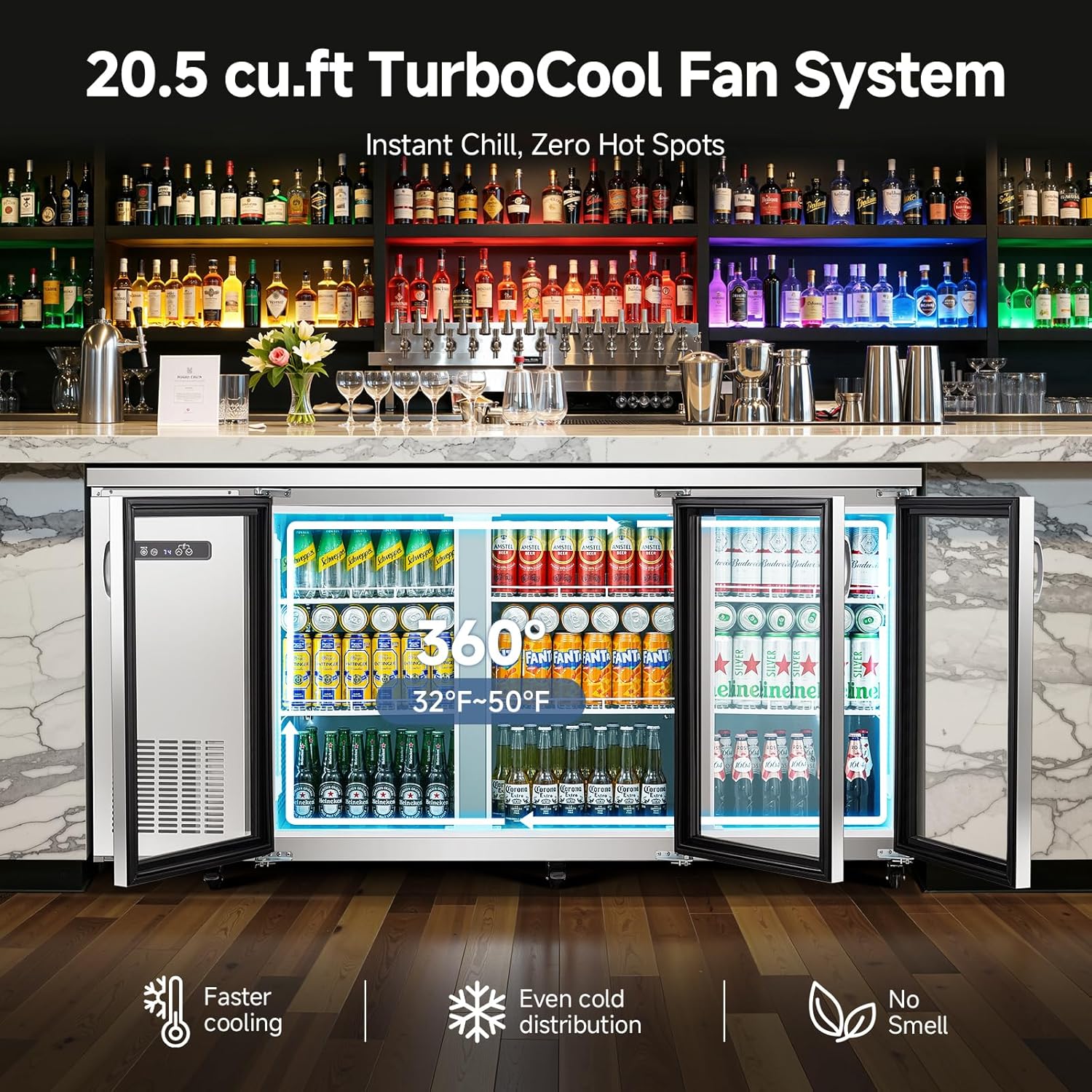 BODEGACOOLER Commercial Back Bar Refrigerator with 3 Glass Door, 20.5 Cu.Ft Beverage Cooler for Beer, Soda, Wine with LED Display & SUS 304 Stainless Steel Exterior