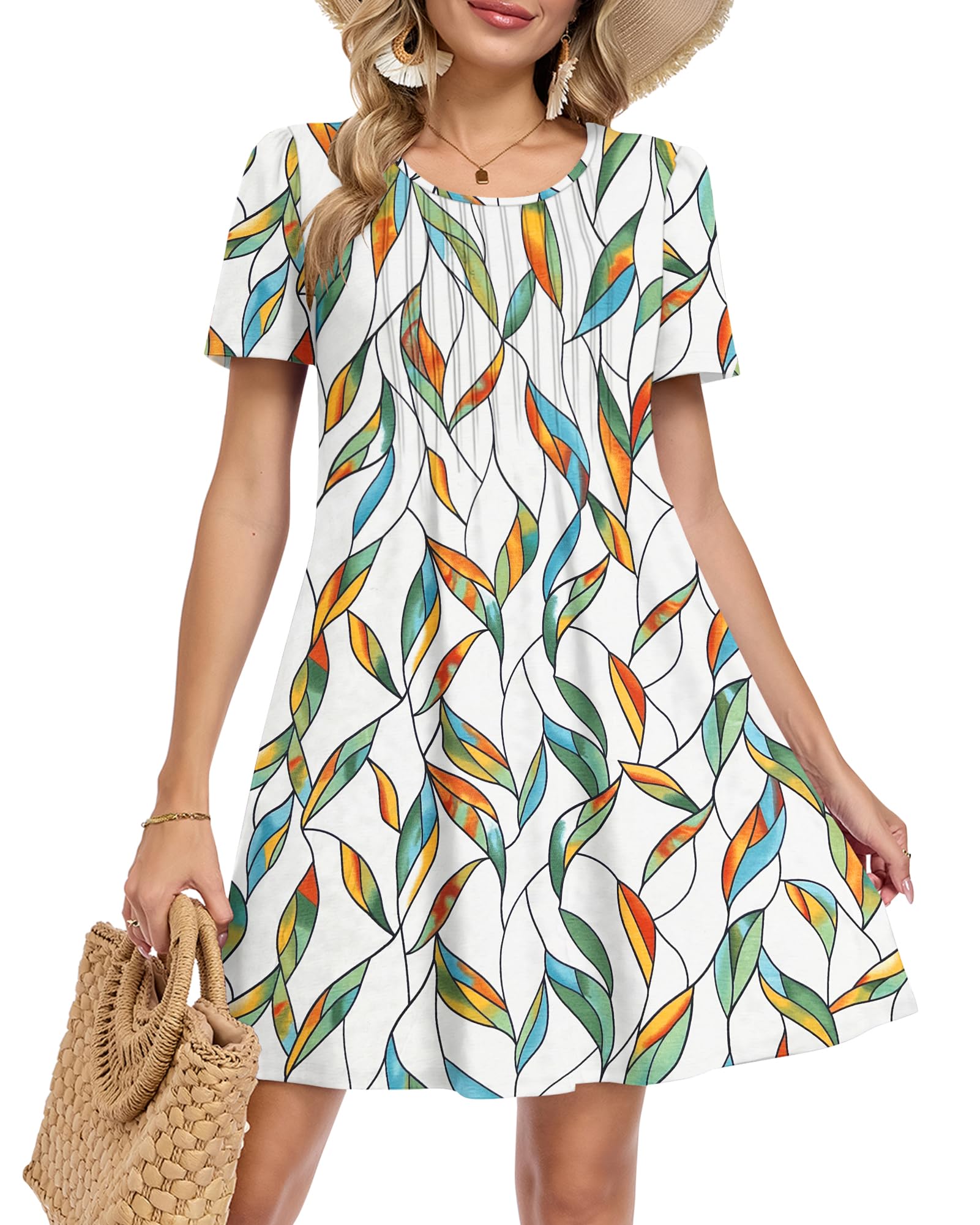 MOLERANI Women Summer Dresses - Round Neck Ladies Dress Short Sleeve Midi Dress with Pockets Blue Yellow Leaf XL