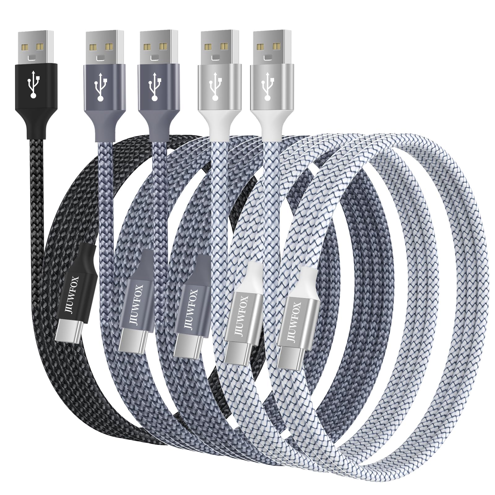JIUWFOX Cable USB tipo C (5 unidades de 3.3/3.3/6/6/10 pies) trenzado C cable de carga rápida compatible con iPhone 15 Pro Max, para Samsung Galaxy S20 S10 S9 S8, Note 10 9 8, A11 A20 A50 A51 A71 A80