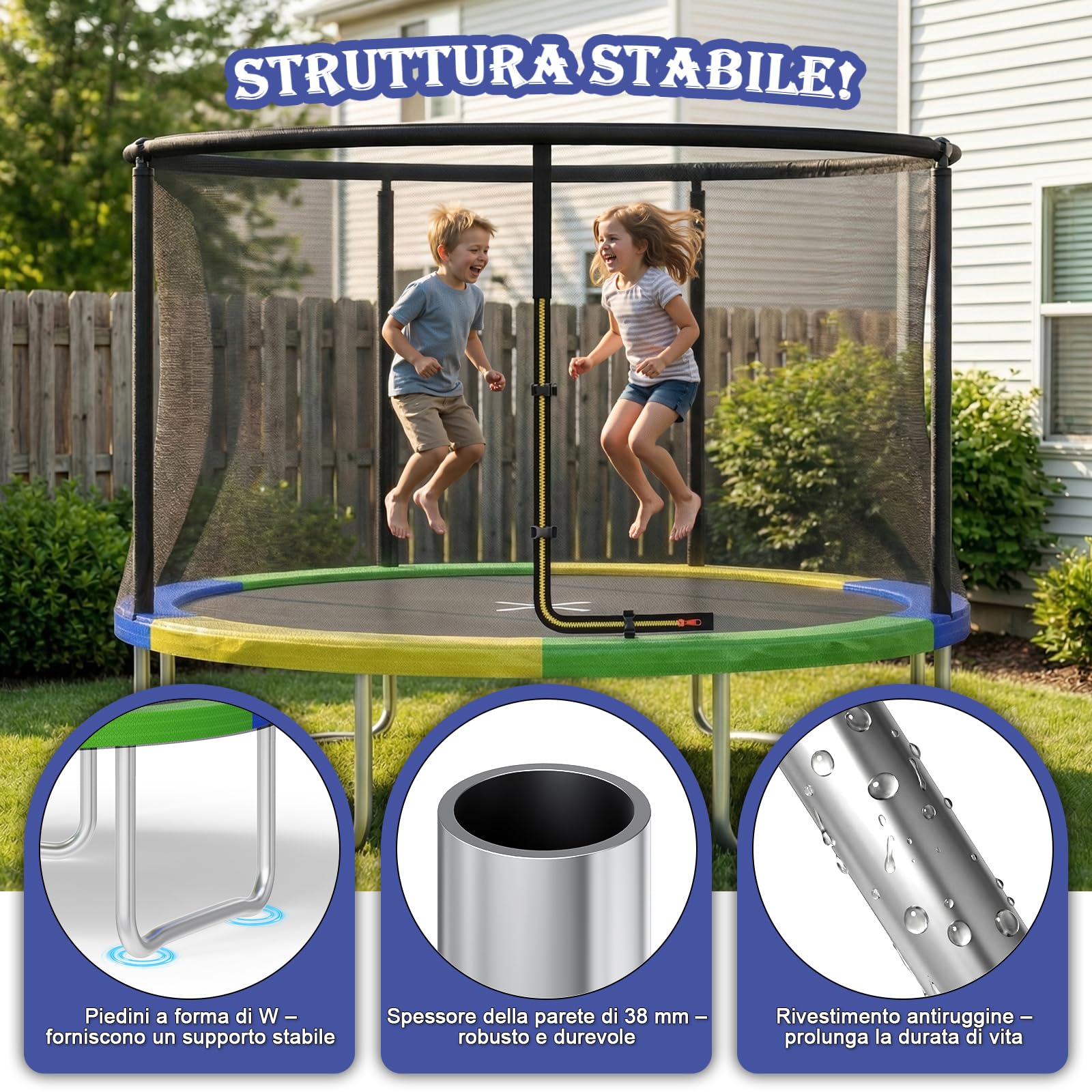 JUMMICO Trampolino da Giardino Trampolino per Bambini con Scaletta e Rete di Sicurezza Ø 183/220/290/360cm Tappeto Elasticoper Adulti e Bambini
