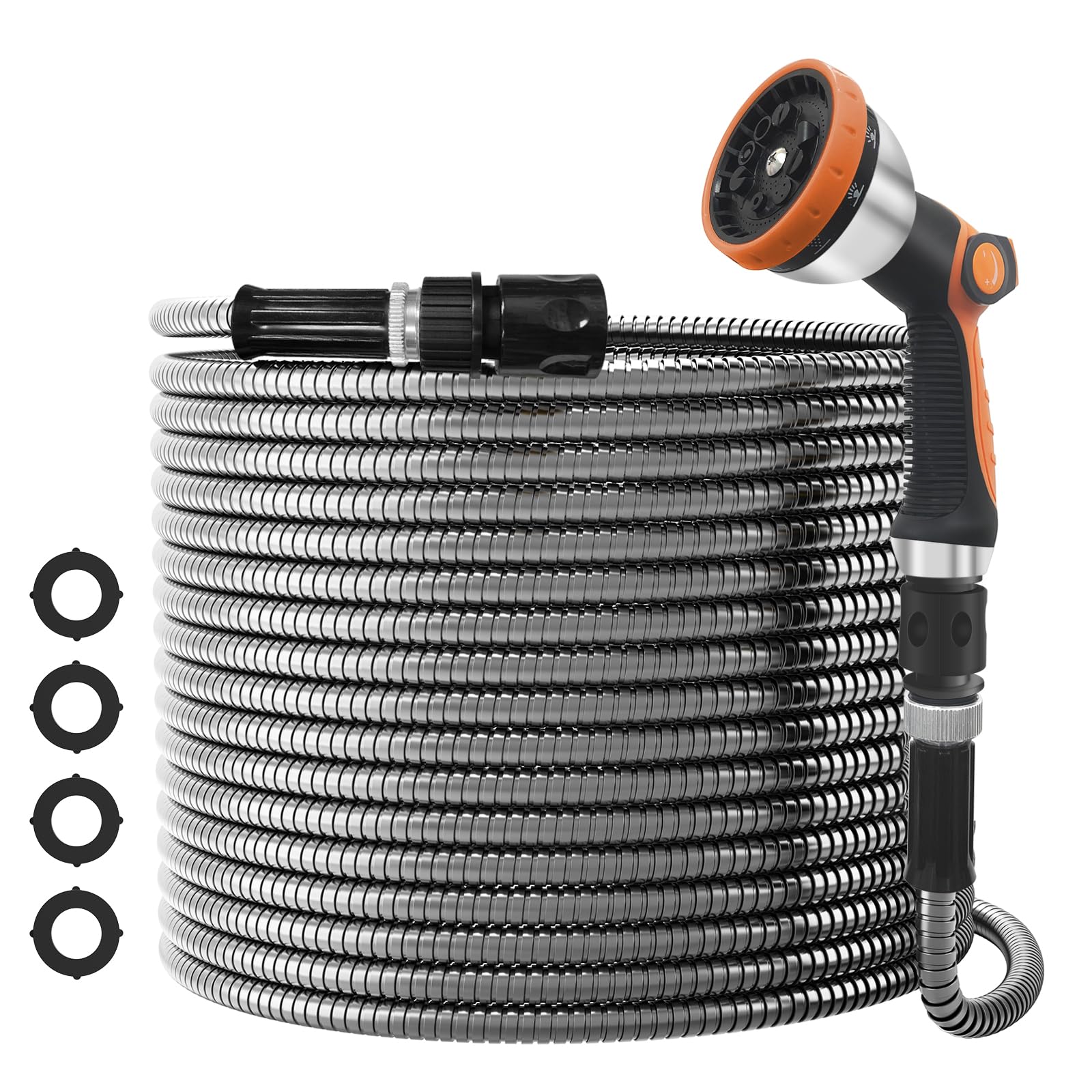 NEYCIL Stainless Steel Garden Hose 100ft, Heavy Duty Garden Hose with Spray Gun, 10-Function Nozzle, Puncture Resistant, No Kink and Tangle, Flexible Metal Water Hose for Yard, Washing, Outdoor