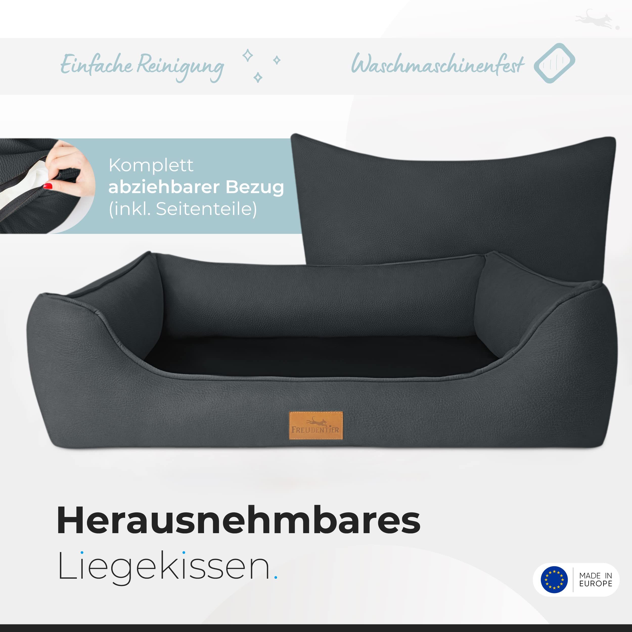 FREUDENTIER Orthopädisches Hundebett, Waschbar, Herausnehmbares Liegekissen | Ergonomischer Hundekorb gelenkschonend mit Memory-Foam-Flocken - Hundesofa für kleine, mittelgrosse & grosse Hunde