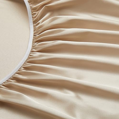 Miniatura 9 de Manyshofu Juego de sábanas de satén beige de 7 piezas, tamaño King, lujoso y suave, 1 sábana bajera de satén, 1 sábana encimera de satén, 4 fundas