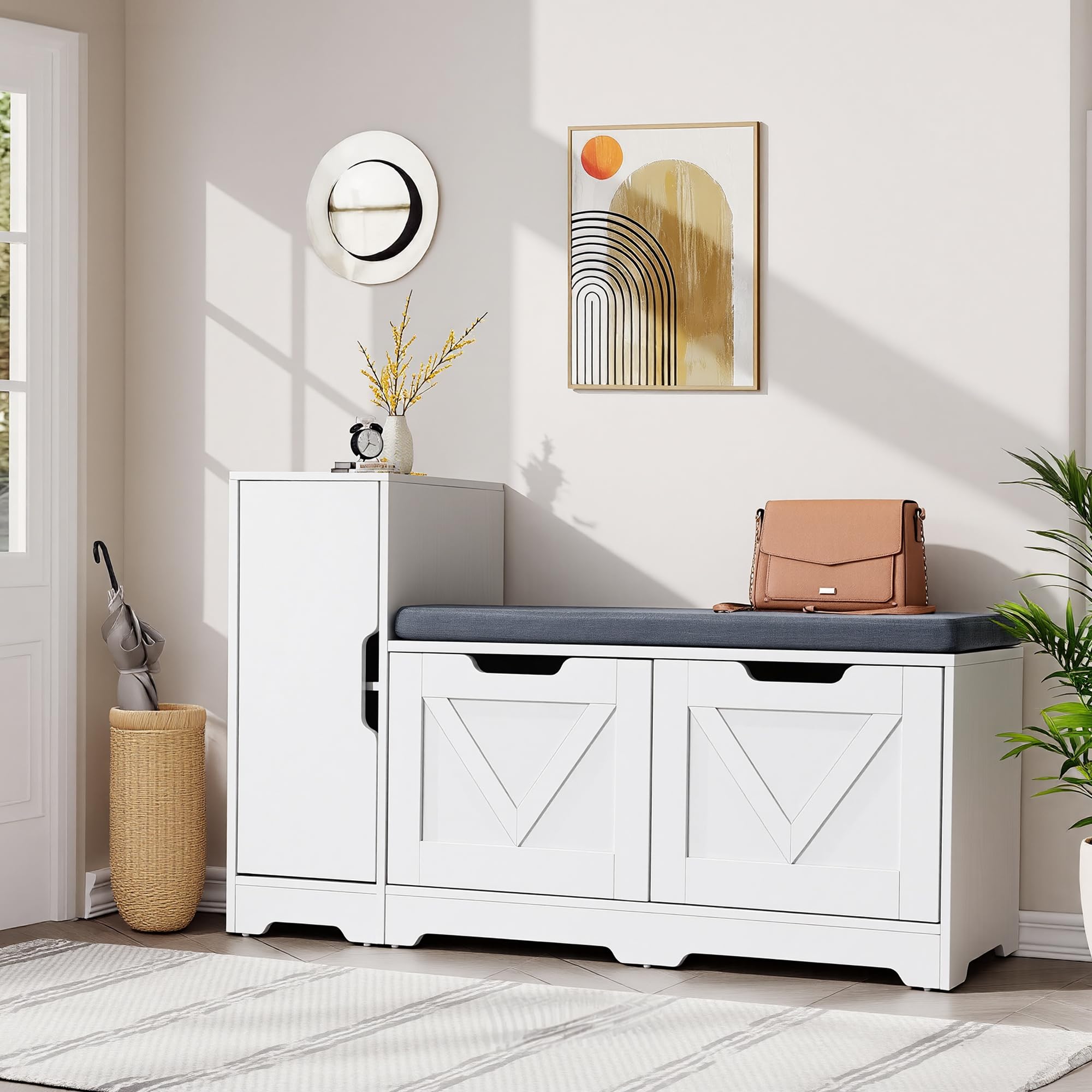 YITAHOME Panca Scarpiera da Ingresso, Scarpiera Ingresso con Sedia Rimborsata e Cuscino, Doppia Porta scarpieras di Stoccaggio con Armadi Laterali, Panca Portascarpe, 105 x 37 x 65,5 cm, Bianco