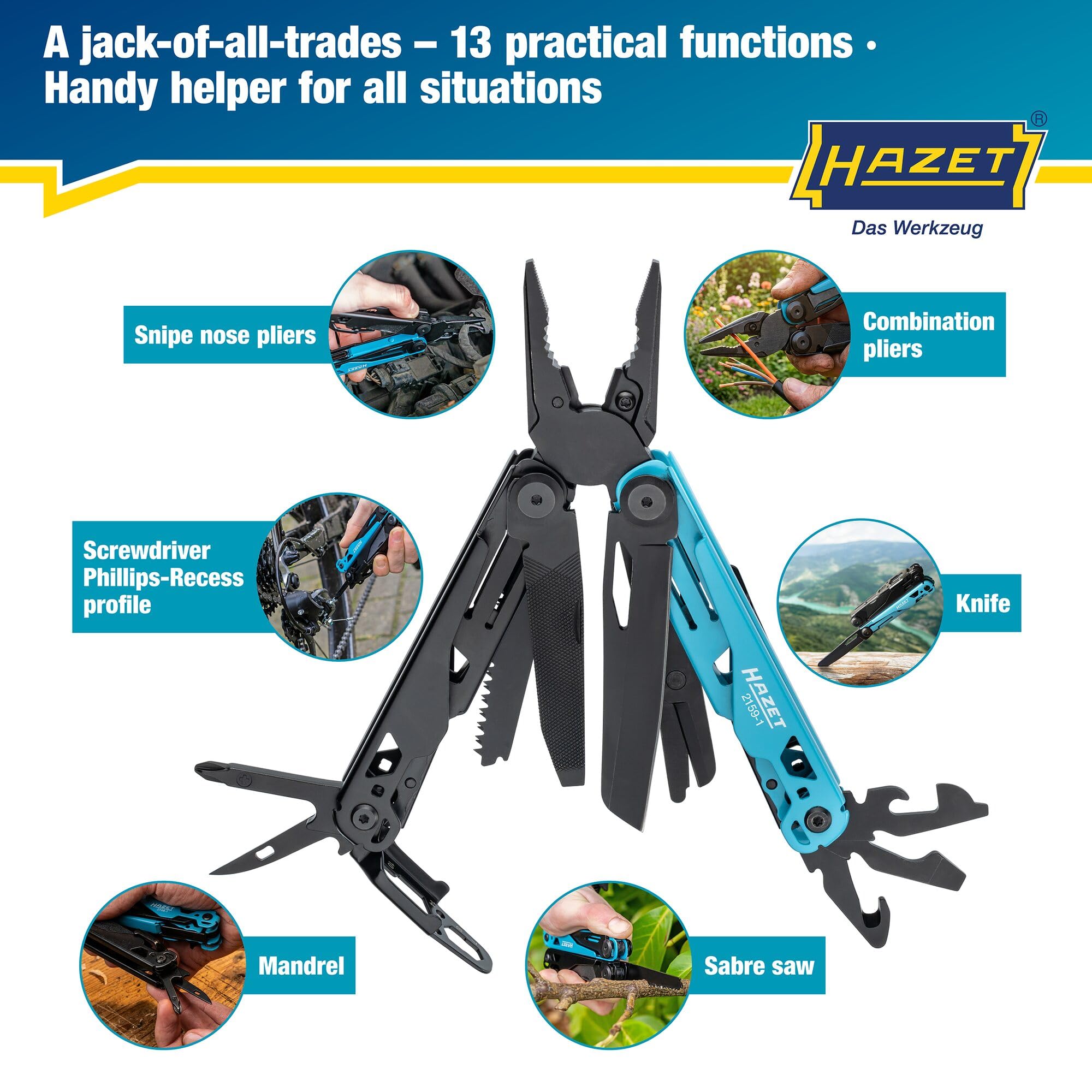 HAZET Multitool 2159-1, 13-en-1, acier inoxydable, avec pince à bec effilé, couteau, scie, tournevis, clé hexagonale, ciseaux, clip de ceinture, y compris étui de ceinture robuste