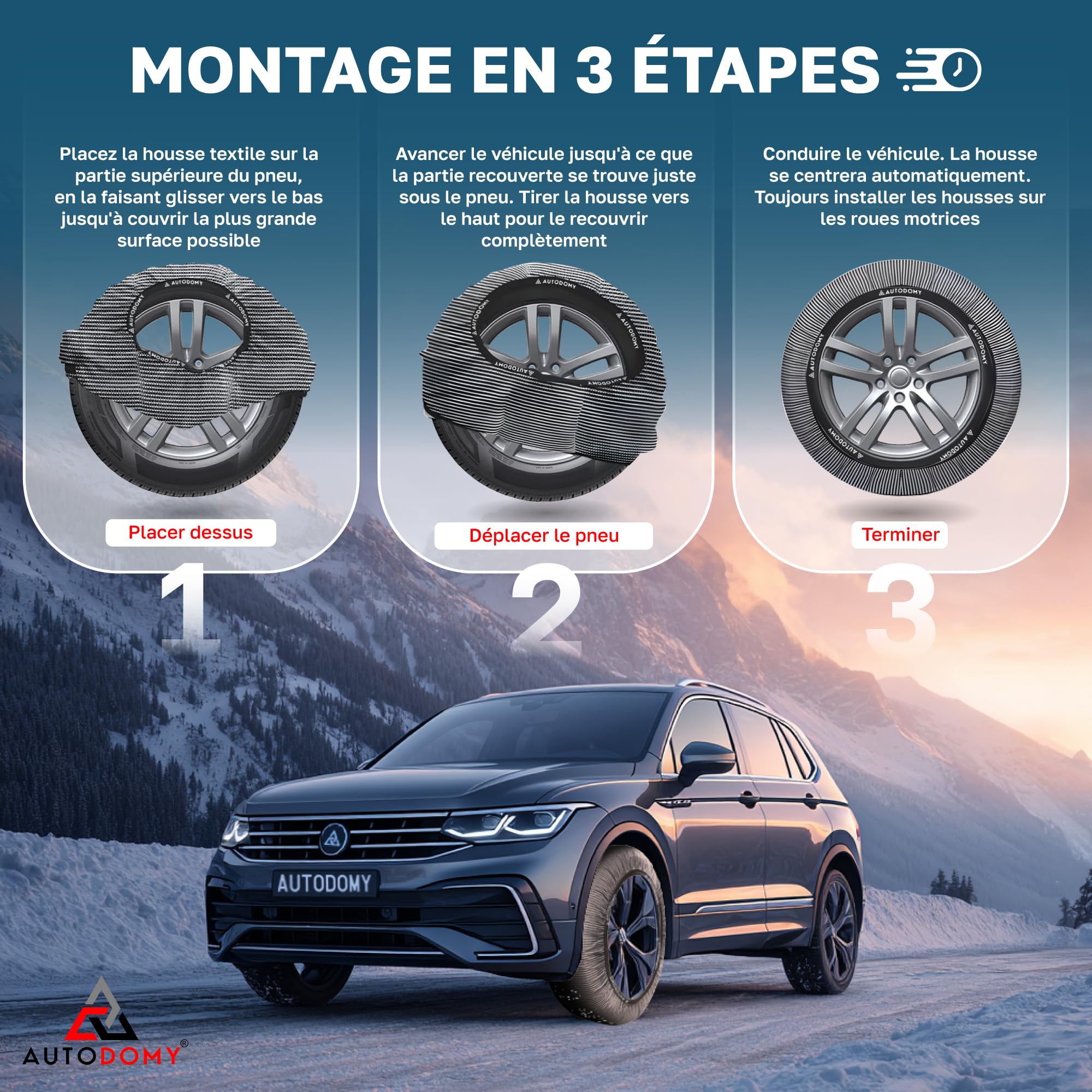 Autodomy Chaussette Pneu Neige Taille XL Compatibles avec Tous Les Pneus | Chaussettes Neige Voiture Homologuées | Chaussettes a Neige Pneus Faciles et Rapides à Installer Lot de 2