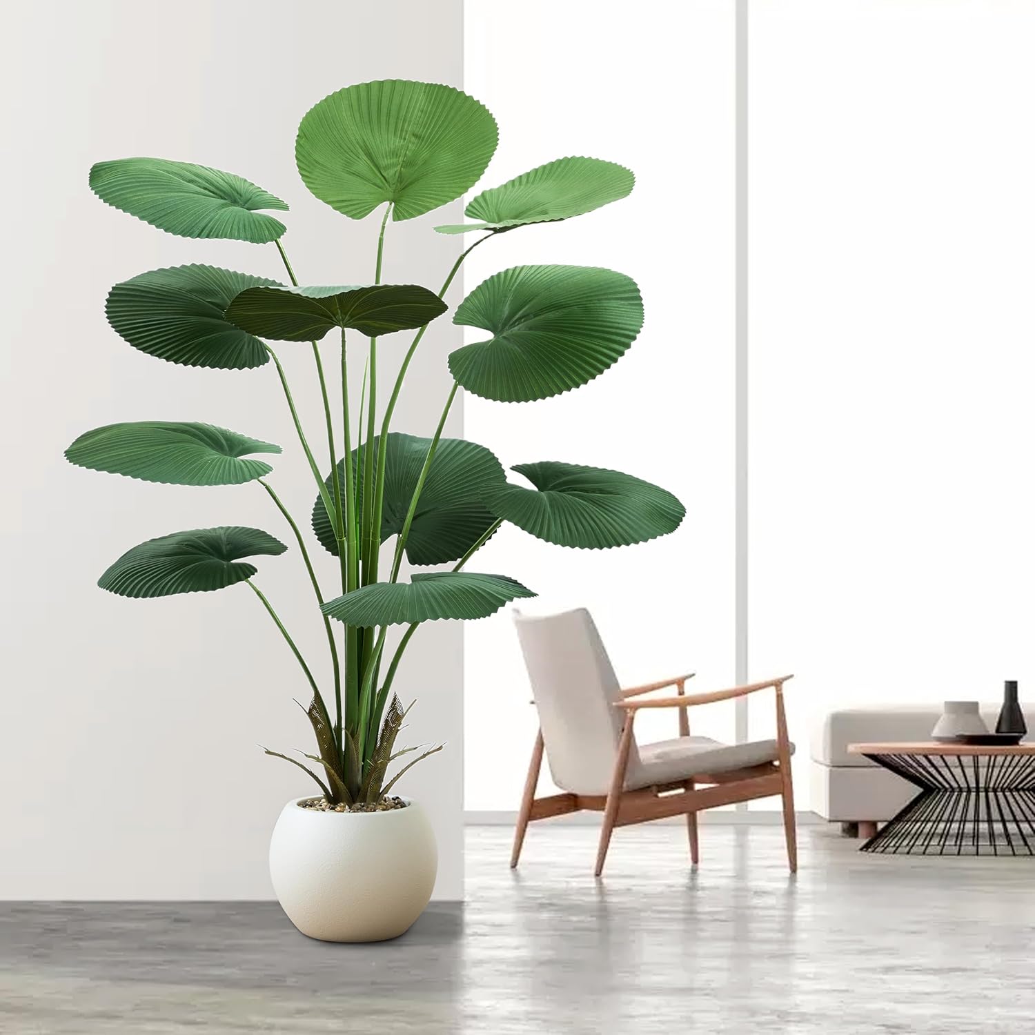 Artificial Fan Palm Tree 5FT Fake Tree Round Leaf Fake Palm Plant, Faux Tropical Areca Floor Plant with Planter, Artificial Silk Plants for Indoor Outdoor Home Office Bedroom Living Room Decor