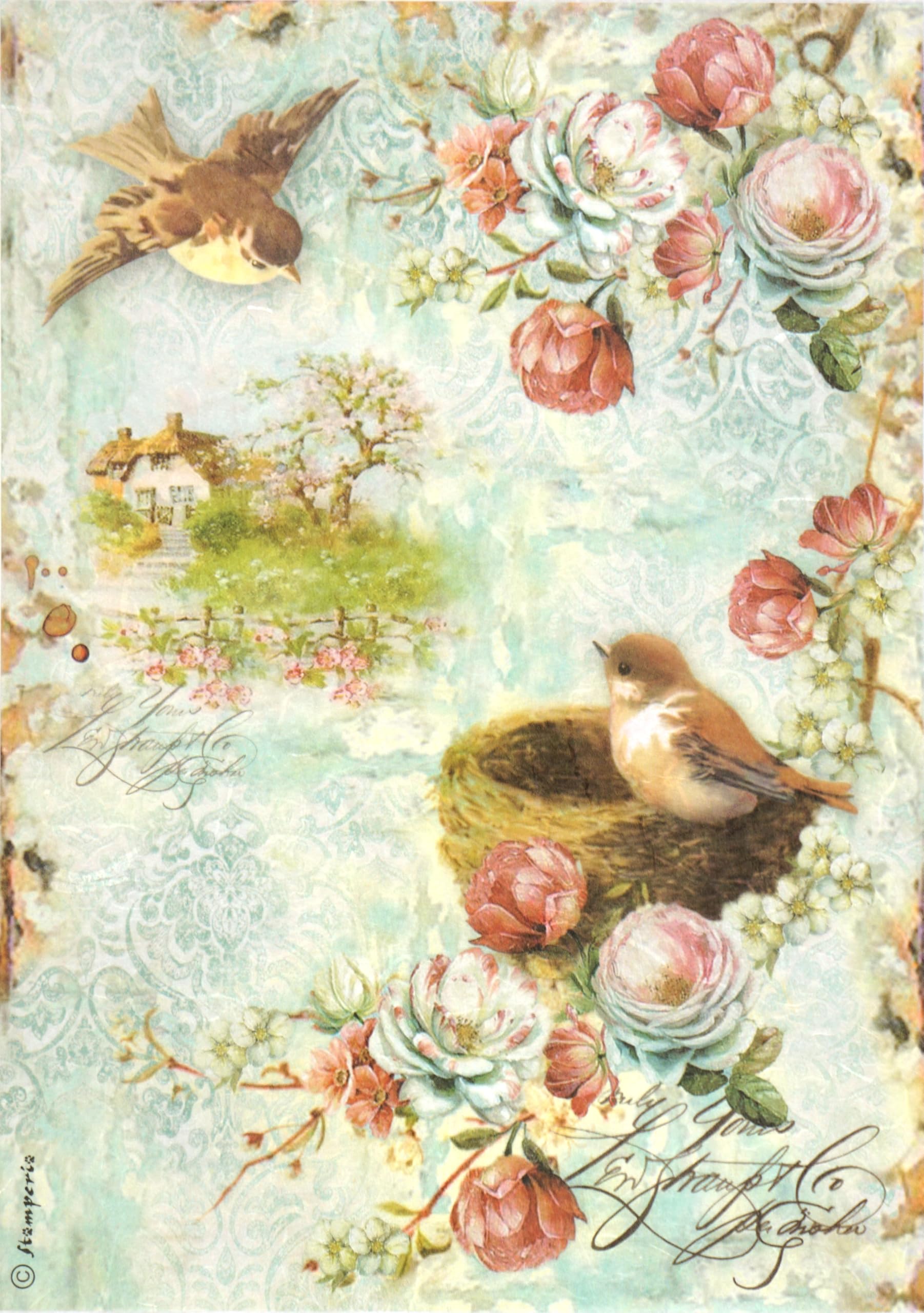 Stamperia Rice Paper A4, Vintage Birds in Nest with Country Cottage, Shabby Chic Floral Decoupage Paper DFSA4237