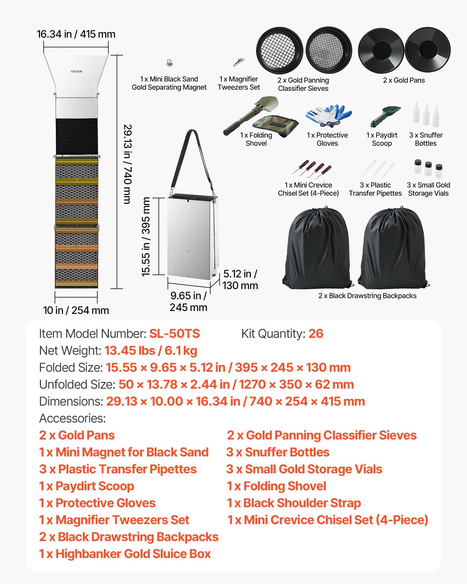 VEVOR Kit per Ricerca dell'Oro Highbanker Pieghevole 3 in 1 da 1270mm, Kit di Prospezione Classificazione Oro Attrezzature Minerarie Portatili da 26pz con Setacci Oro Magneti Zaino e Altri Accessori