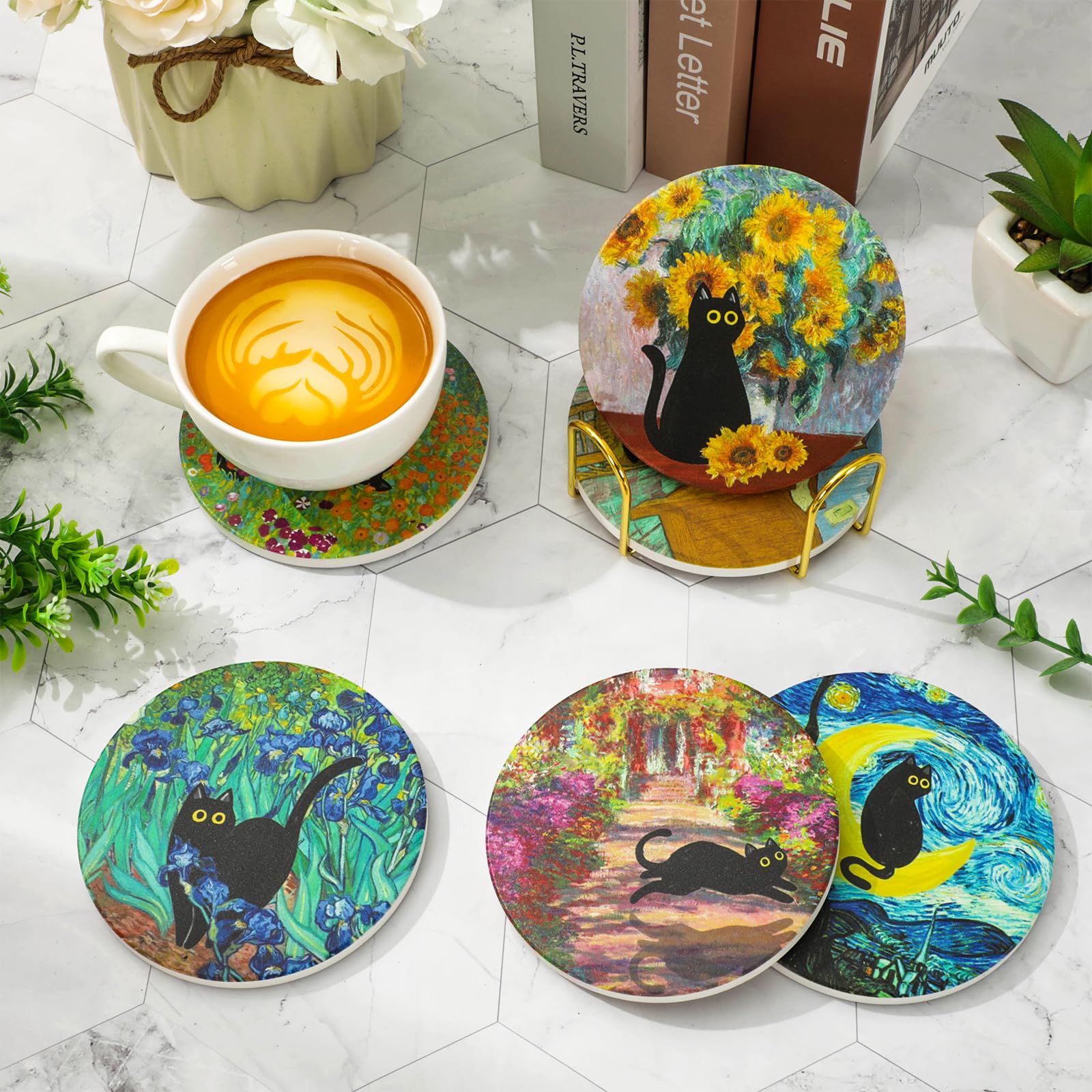 FYSUIMU Untersetzer, Motiv: schwarze Katze, Keramik, niedliche Blume, saugfähig, für Frühling, Zuhause, Küche, Party, Tischdekoration, 6 Stück